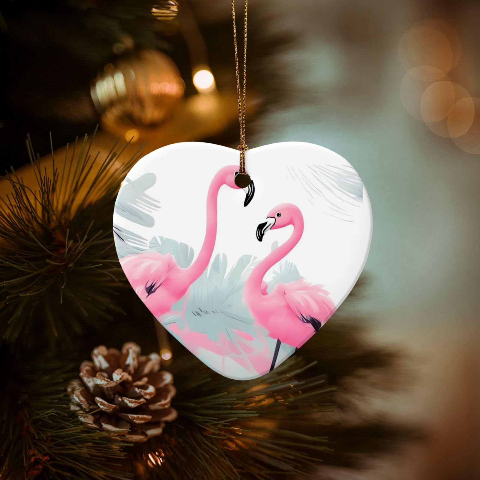 Christmas Ornaments for Christmas Tree Decoration Hanging Love Flamingo Ornament with Gold Ribbon Crafts Heart Shape Ceramic Pendant for Keepsake Gifts Xmas Decor Party Supplies