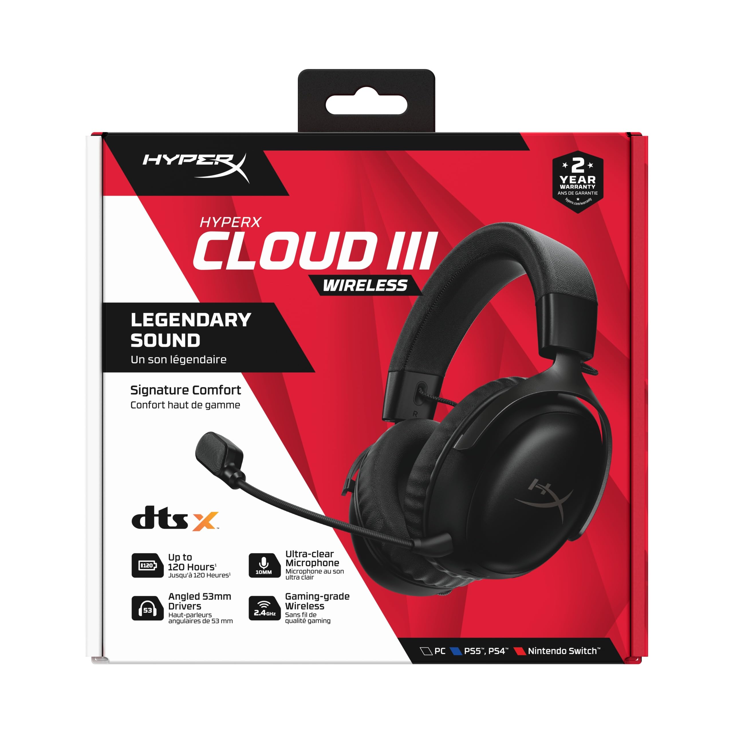 HyperX Cloud III - Casque de Gaming sans fil pour PC, PS5, PS4, jusqu'à 120h de batteries, 2.4GHz Wireless, Mousse à mémoire de forme, 10mm Microphone, Noir