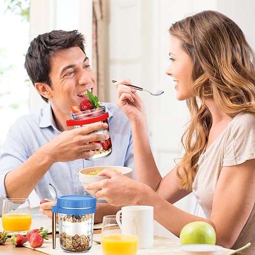 Miniatura 4 de Layhit Juego de 8 recipientes de avena con tapas y cucharas, tarros de vidrio de 16 onzas para avena durante la noche con tarjeta de recetas, marcas