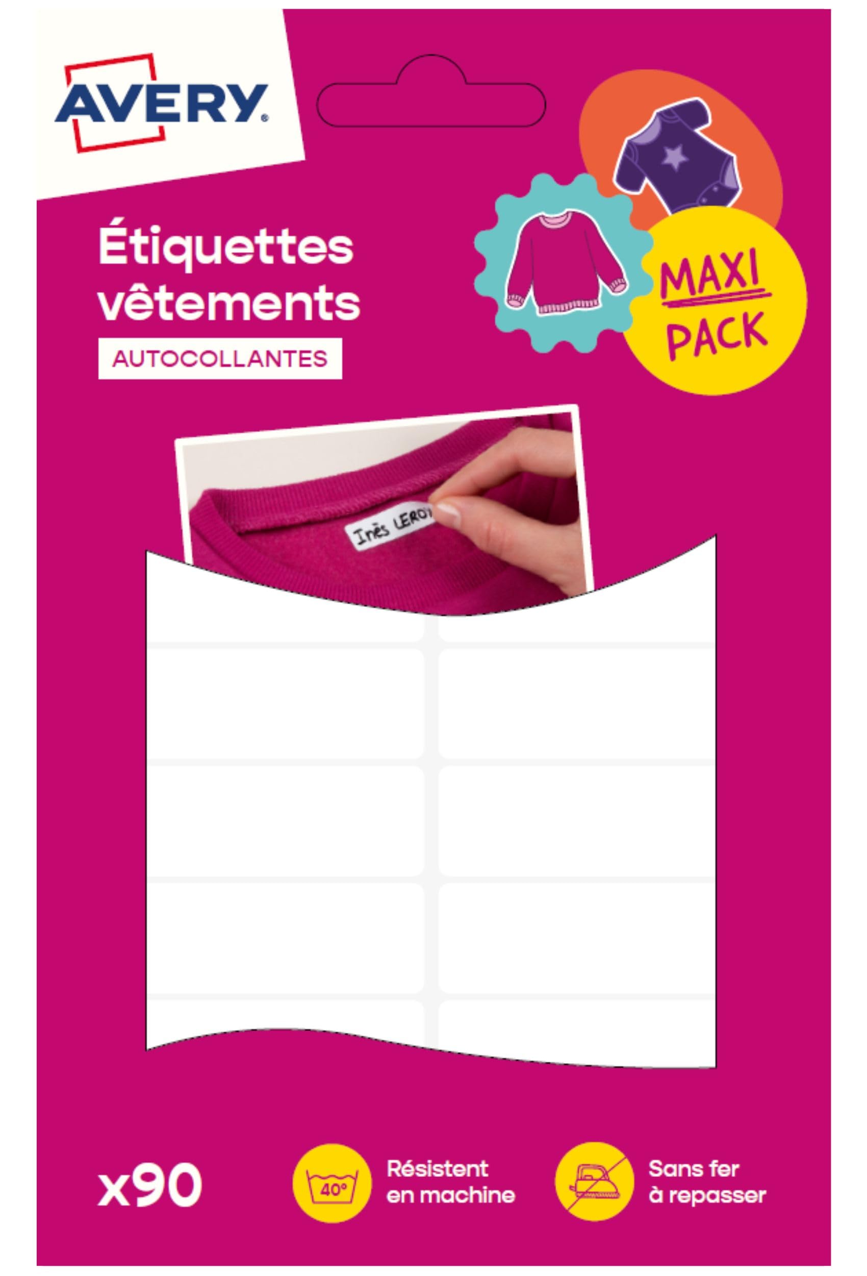 Avery Étiquettes Autocollantes Blanches Inscriptibles 90 Pièces - autocollant Personnalisable à l'aide d'un marqueur permanant - Durable Lavable jusqu'à 40C et sèche-​linge - 1,​3 x 4,​5 cm