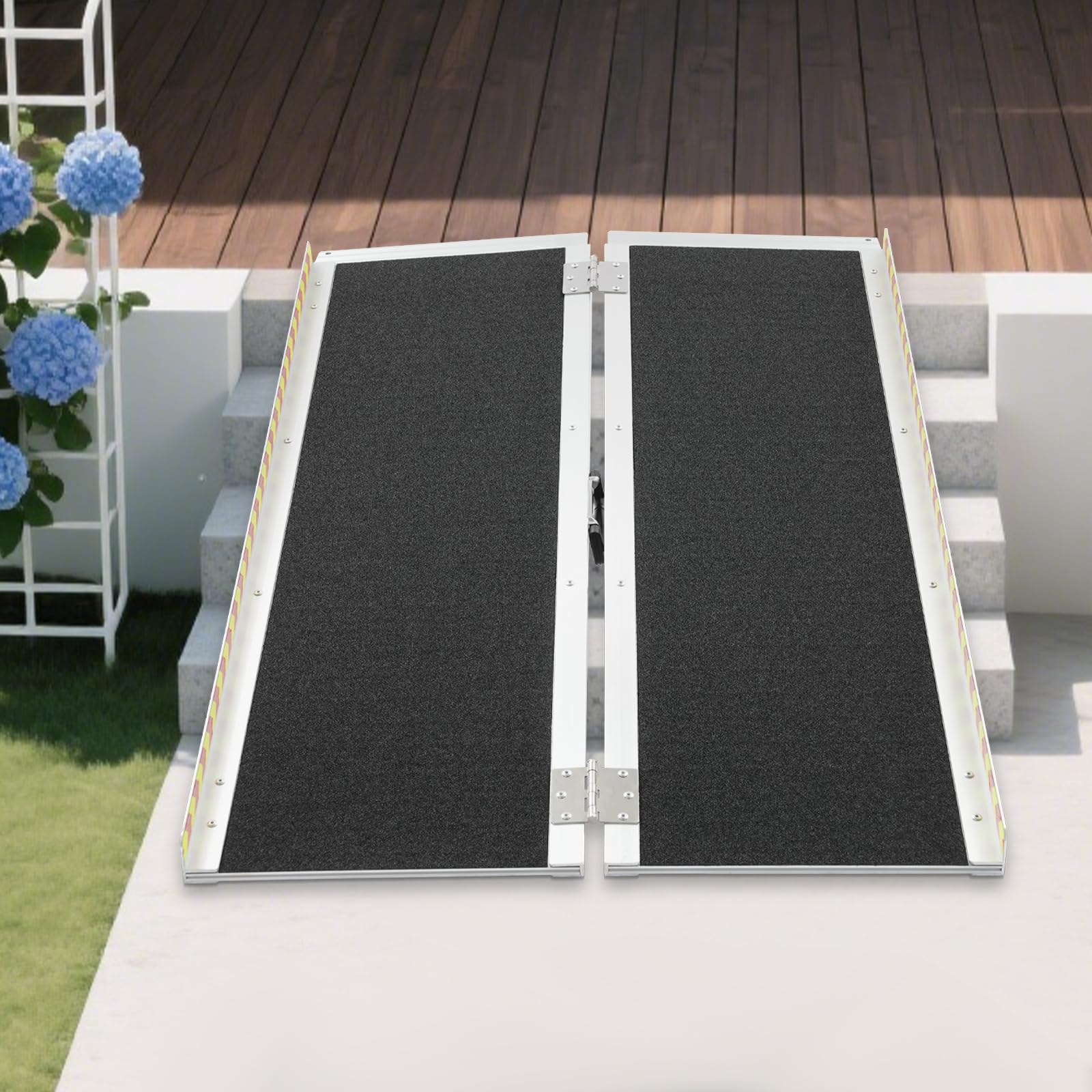 Rampa plegable para silla de ruedas, rampa portátil de aluminio con rieles laterales y carga máxima de 272 kg para escaleras, escaleras, puertas, ruedas de movilidad 72 x 122 cm