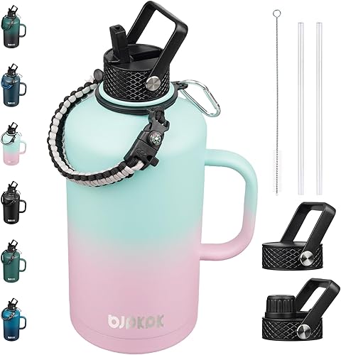 Miniatura 12 de BJPKPK Botella de agua de 1 galón aislada con tapa con pajita, 50oz, 64oz, 87oz, 128oz grande, botellas de agua de acero inoxidable con 3 tapas y