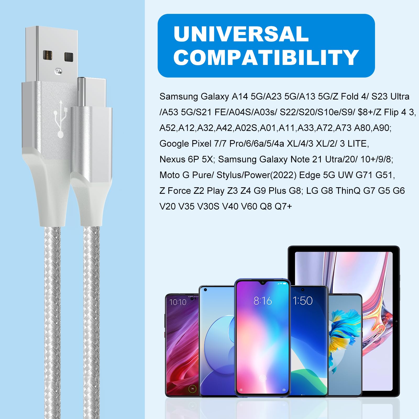 Kabel USB A do Typu C 3 A do szybkiego ładowania (3 m + 1,8 m + 0,9 m) z plecionego nylonu kompatybilny z Samsung Galaxy S20 S10 S9 S8 Plus Note 10 9 8, PS5, ładowarka USB C