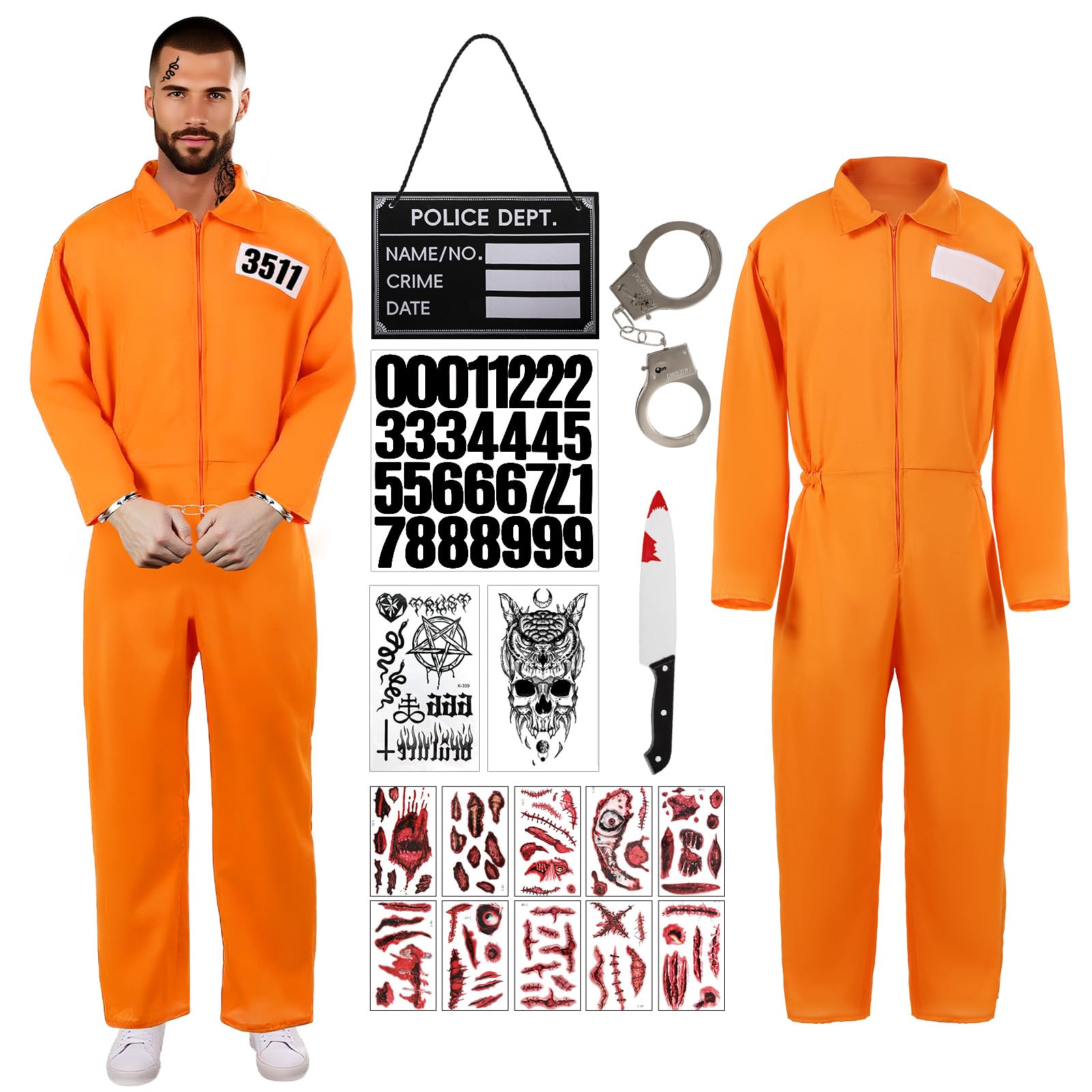 Lyxaof Adult Prisoner Costume Orange Convict Outfit with Accessories for Men and Women Halloween Fancy Dress