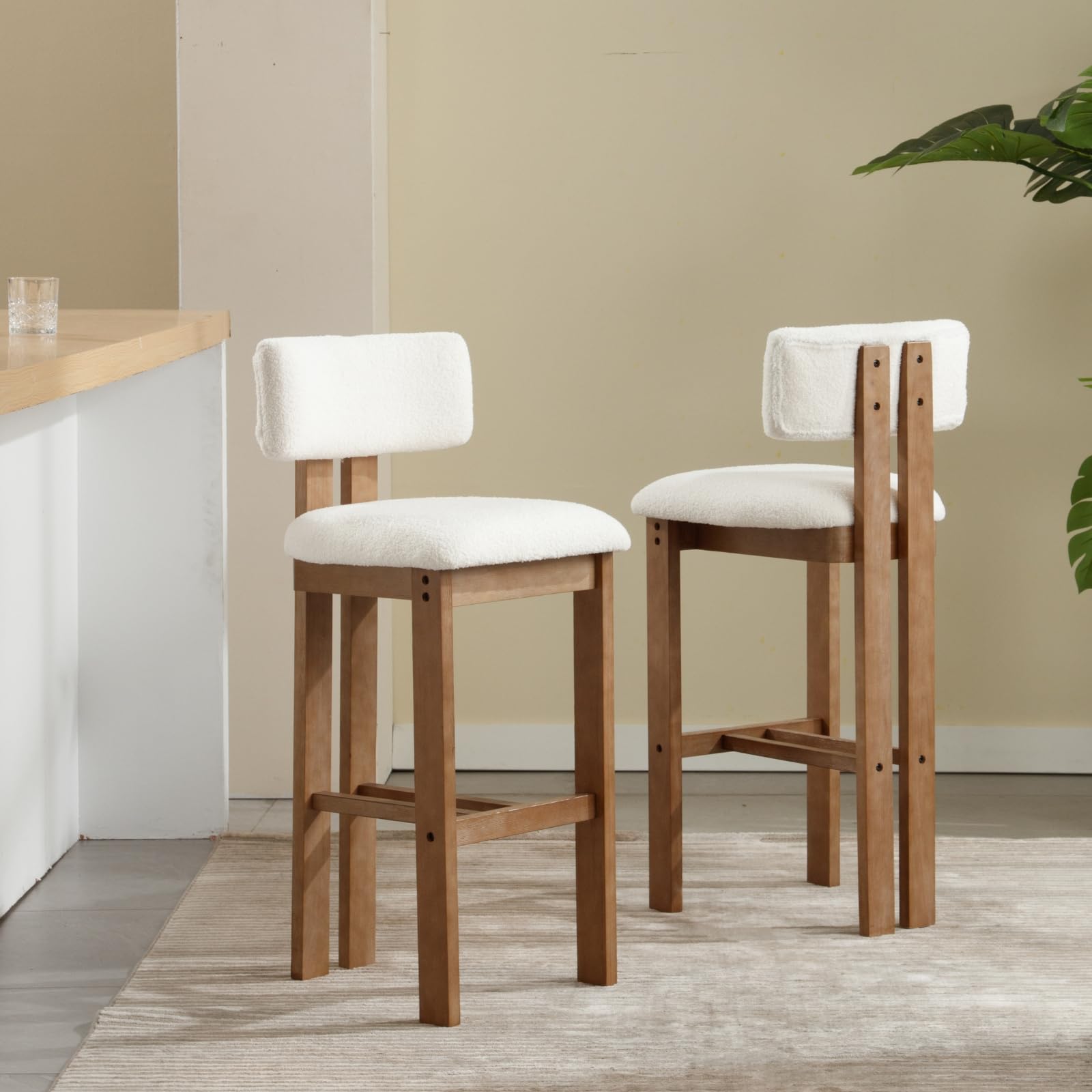 DUOMAY Modern Bar Stools Set of 2, 30'' Counter Height Bar Stools with Back & Solid Wood Legs, Modern Wood Barstools with Sherpa Upholstered Seat for