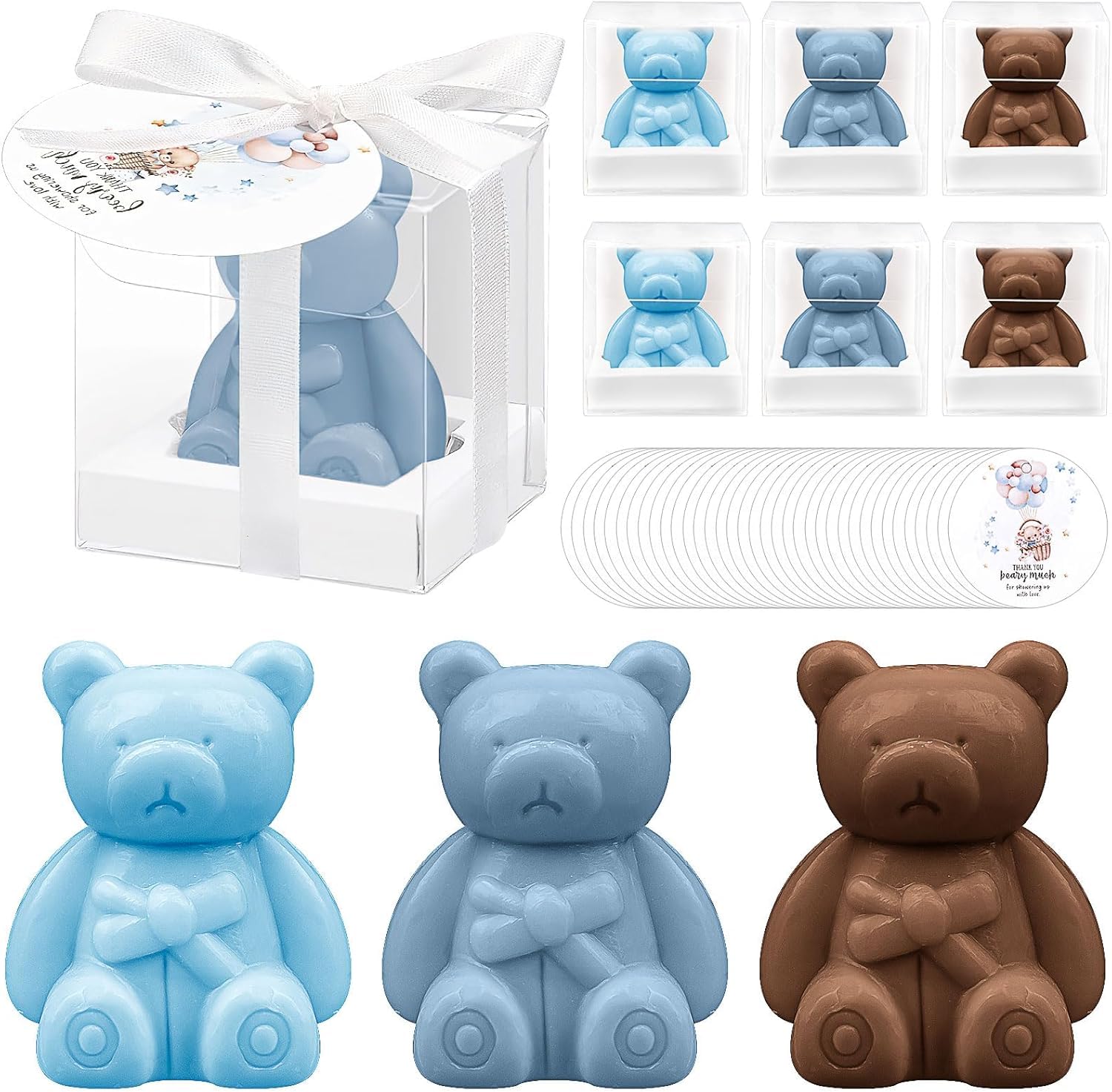 Lot de 36 Souvenirs de Savons Ourson pour Baby Shower avec Cartes de Remerciement et Boîtes pour Décoration, Cadeaux Invités, Fournitures de Mariage (Marron Foncé et Bleu)