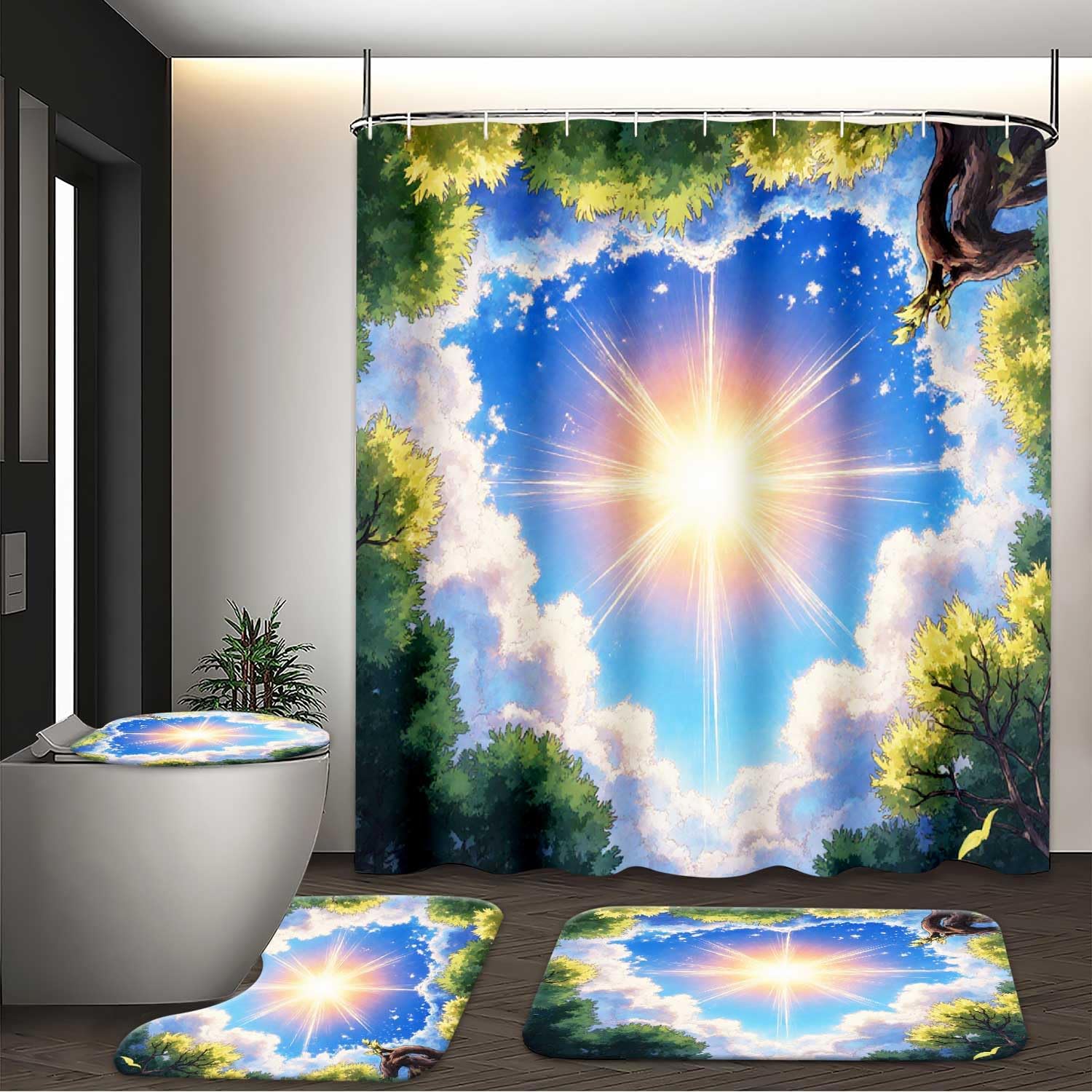 1/3/4PCS Anime Scene with Sun Clouds and Surrounding Trees Shower Curtain Set with Rugs, Non Slip Bath Mat, U-Shape Carpet, Toilet Lid Cover Accessories, 12 Hooks (4Pcs Full Set)