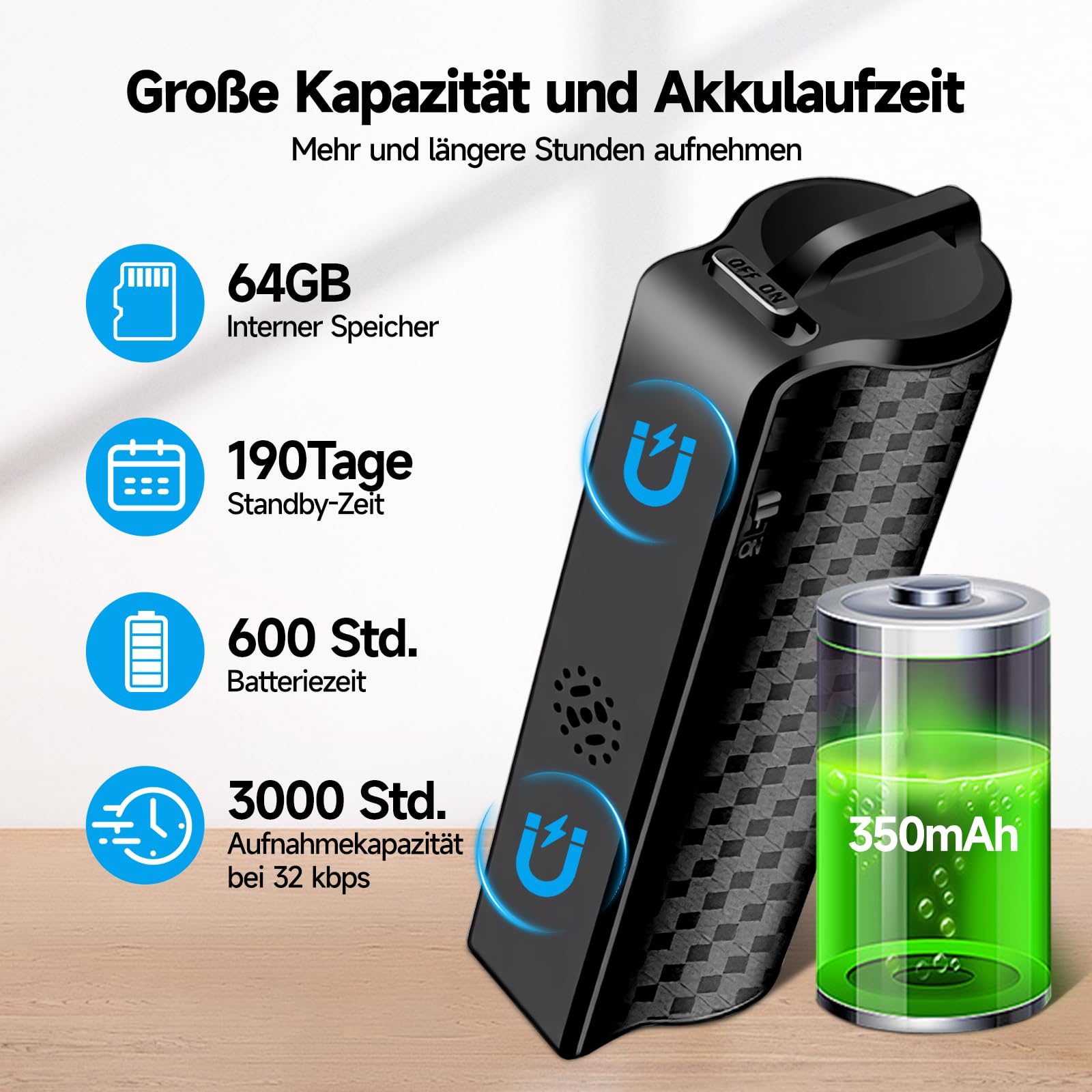 Grabadora de Voz magnética, Tiempo de grabación Continua de 30 días, grabadora de Voz espia activada por Voz Digital, Grabadora Audio Recargable USB grabadora