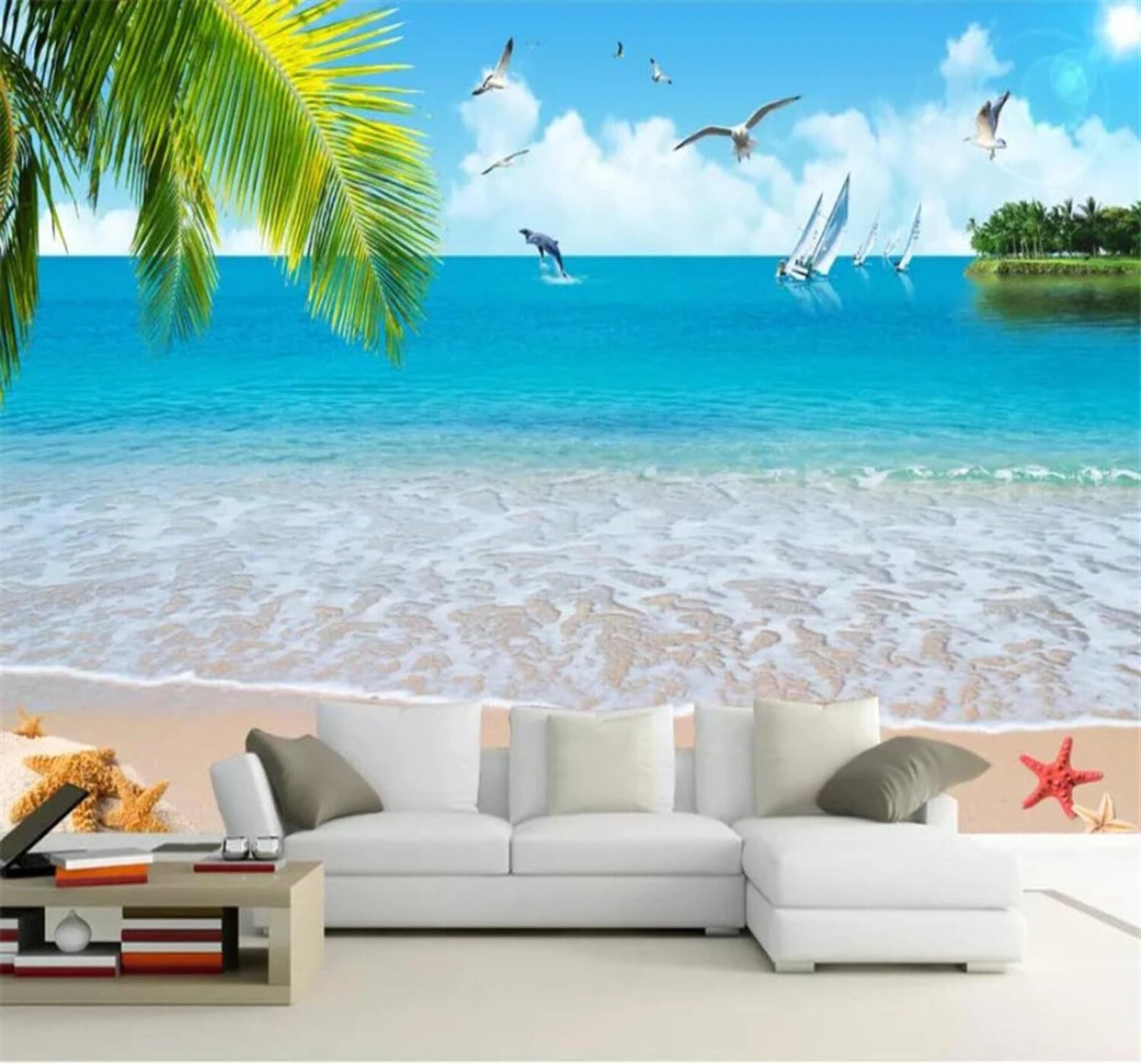 Fresh Sea Beach Coconut Trees Landscape 3D Wallpaper Easy Install Feature Office Living Room Sofa Bedroom TV Background Wall Decoration-350cm×256cm