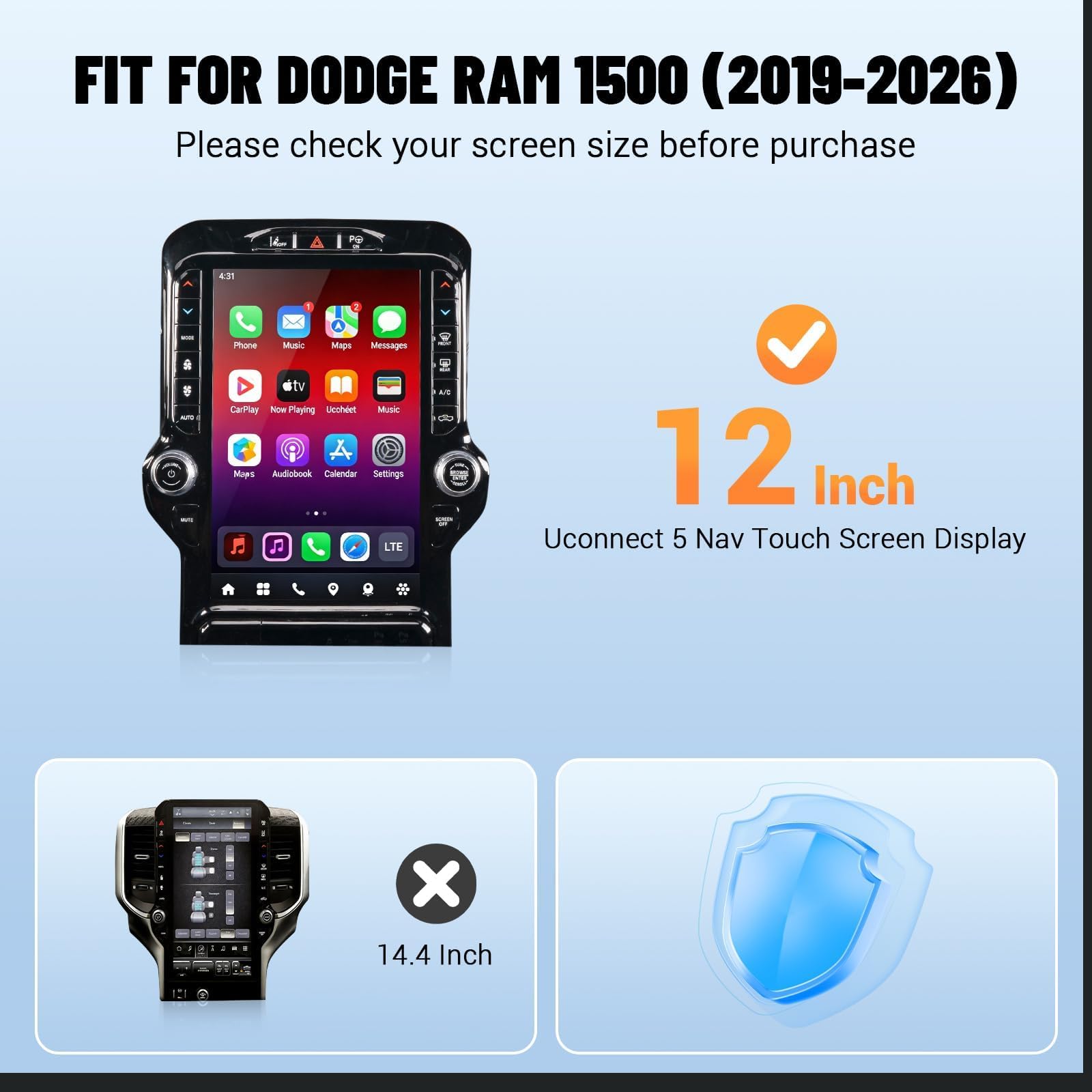 Displayschutzfolie für Dodge Ram 2019-2025 2026, 1 Stück, 30,5 cm (12 Zoll)