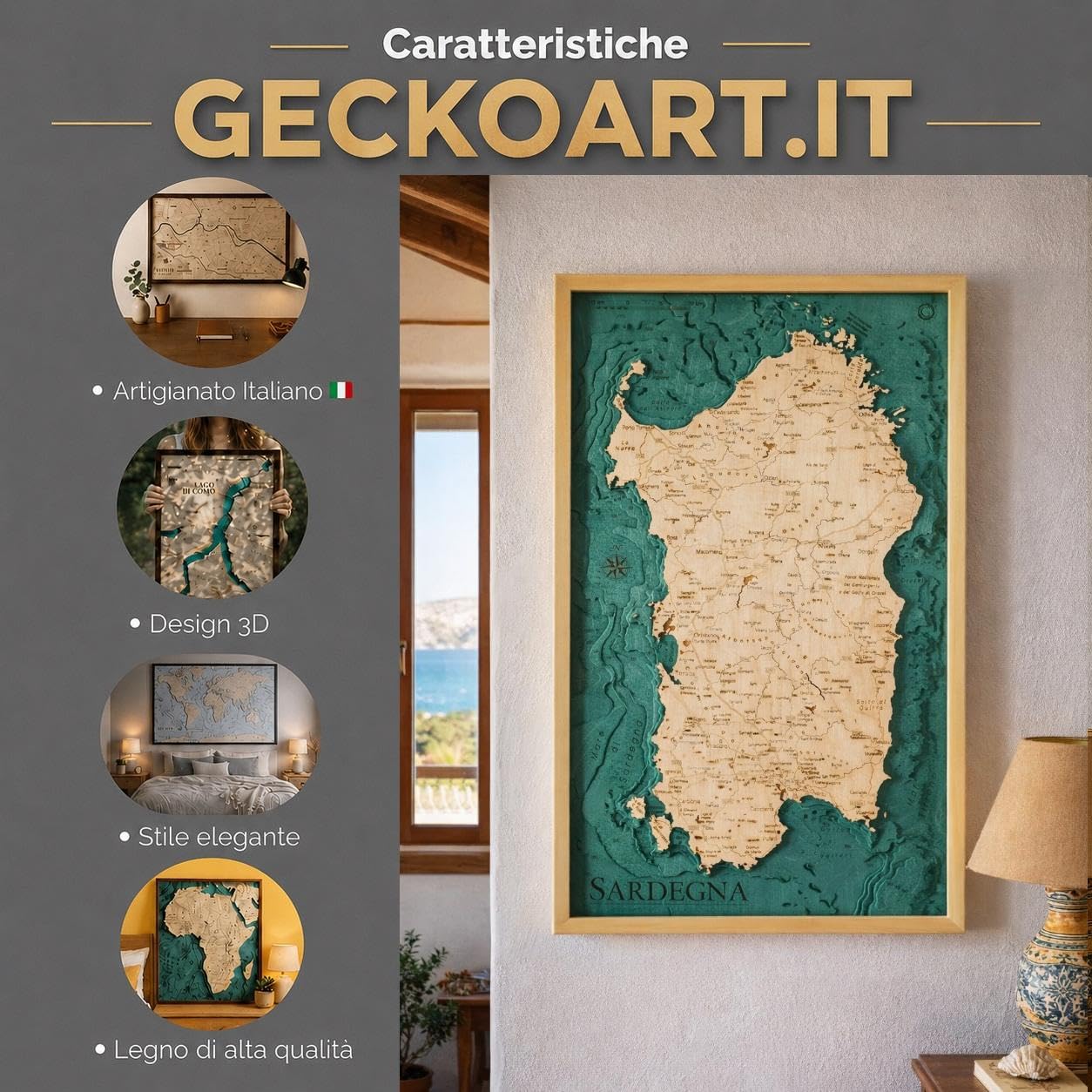 Geckoart.it - Mapa de América del Norte 3D de madera, cuadro de pared, 67 x