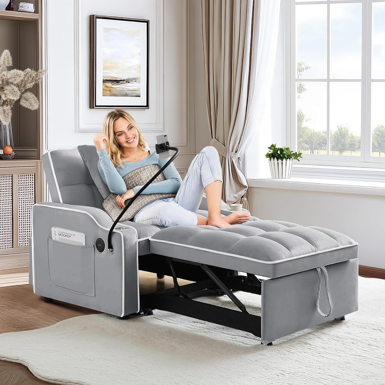 3-in-1 Convertible Sleeper Sofa Bed Chair with Cup Holders & Phone Holder, Futon Chair Bed with Pull Out Couch Adjustable Backrest, Modern Velvet Chaise Lounge for Living Room Bedroom (Grey, 35.43")
