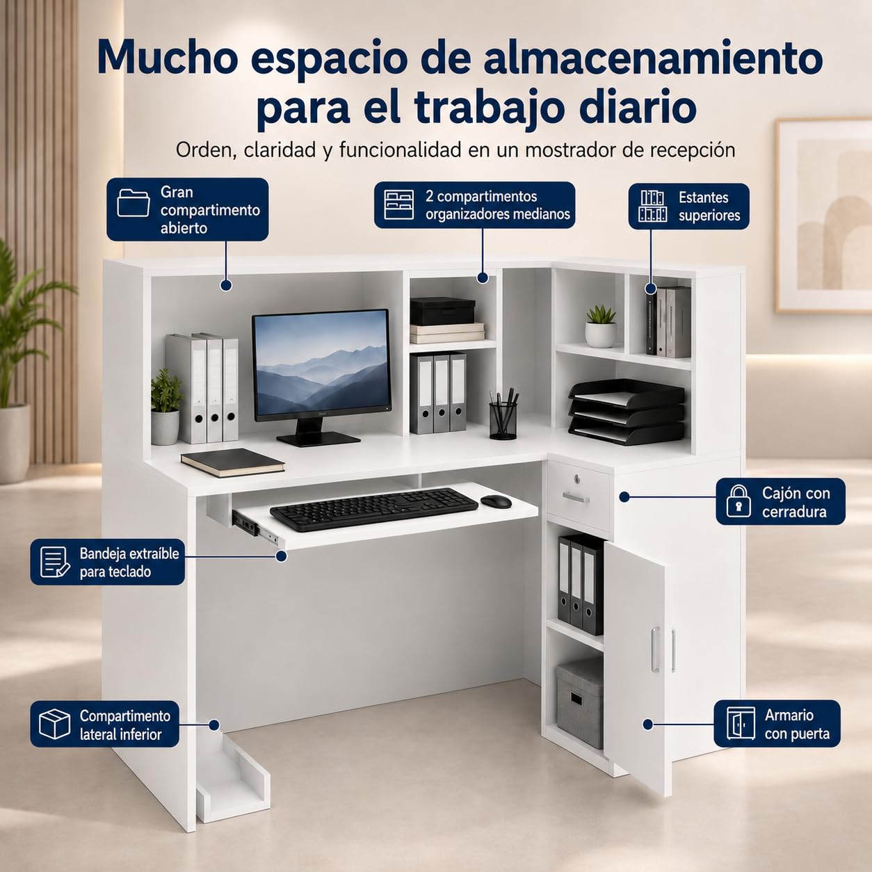 Mostrador de Recepción Blanco en L 142cm – Caja Esquinera con Cajón de Teclado, Soporte para PC, Cajón con Llave y 5 Compartimentos – Mostrador para Oficina, Salón, 142×82×123cm