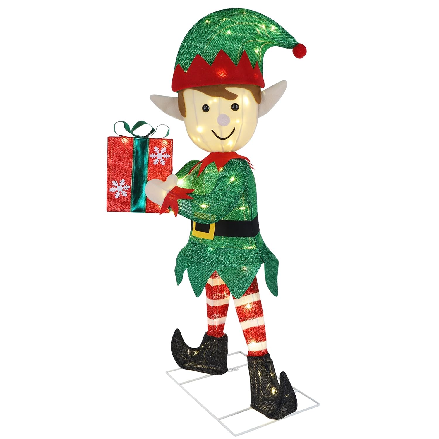 Hausse Lighted Christmas Outdoor Decor, 38" Height Pre-Lit 3D Tinsel Xmas Green Elf Figure, Light Up Xmas Yard Displays, Plug in for Holiday Party New Year Winter Patio Lawn Garden