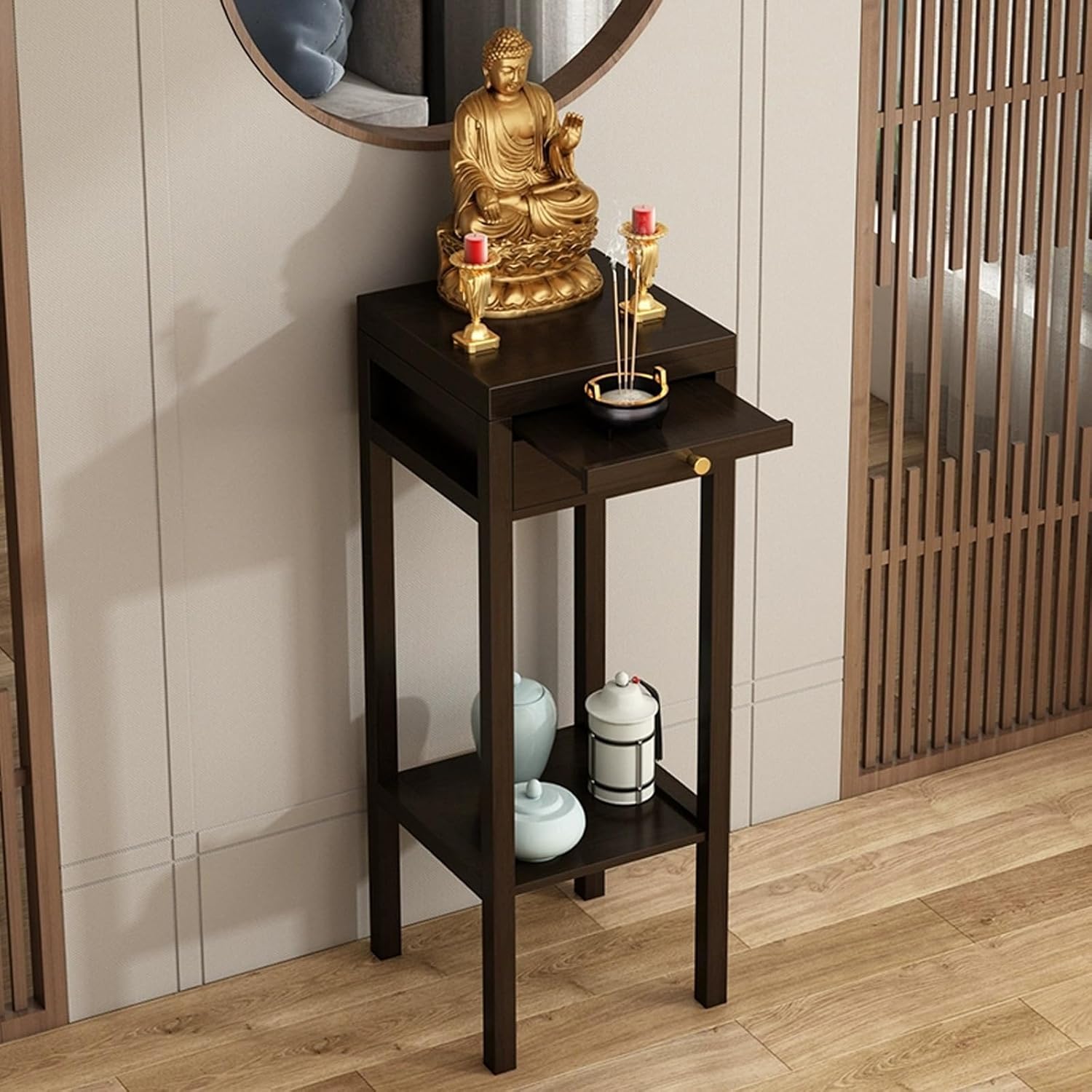 Personal Meditation Shrine, with Retractable Pull Plate, Prayer Altar Cabinet with Storage, Bamboo Altar Table for Shrines, Temples(30cm/11.8'')