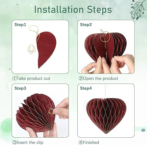 Miniatura 5 de 7 piezas de papel de panal colgante para decoración del día de San Valentín, adornos 3D de árbol con borde de purpurina, bolas de papel de seda,