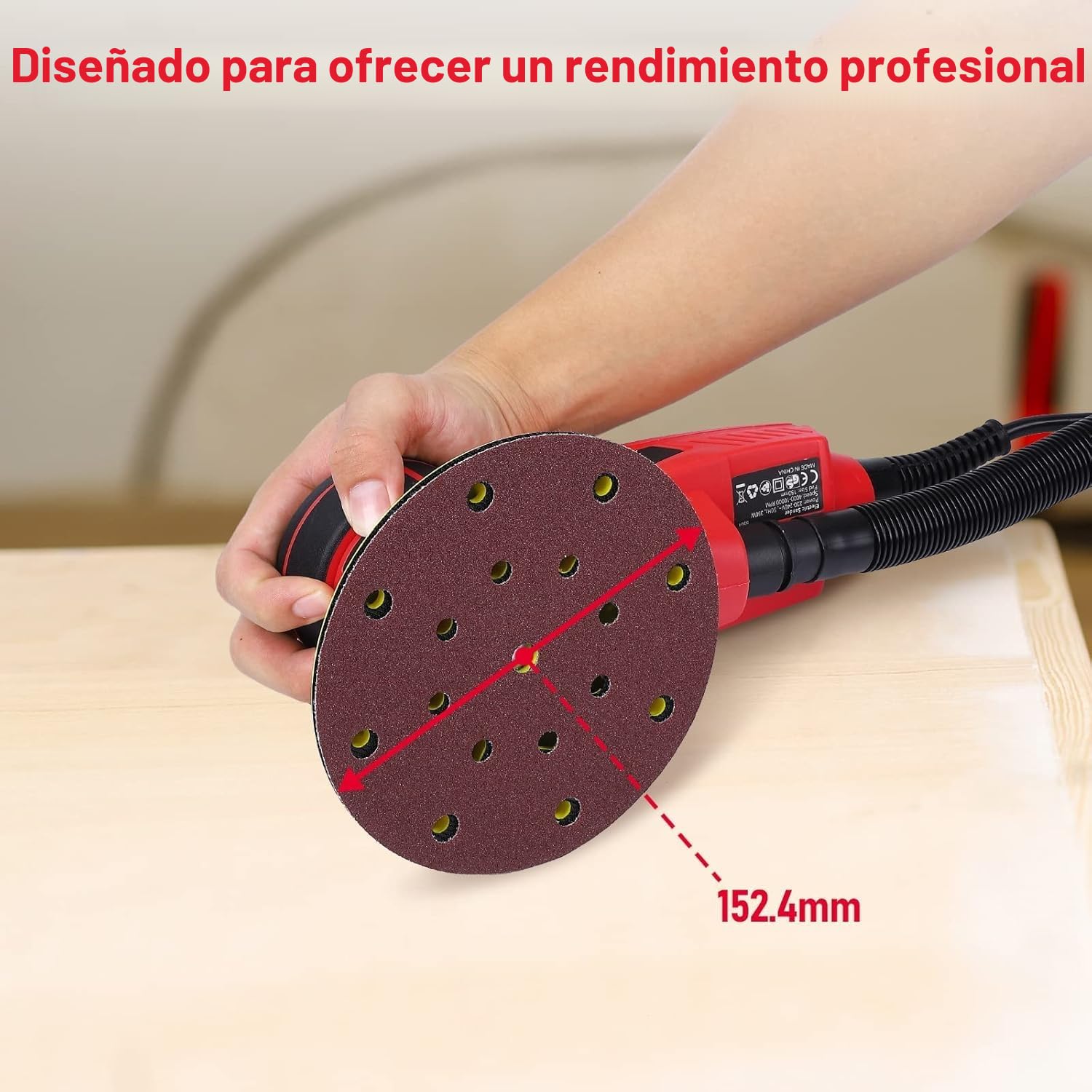 Lijadora Excéntrica 5.0 mm sin Escobillas PioneerWorks, 350W Lijadora Orbital 150mm, 4000-10000RPM, para Superficies de Madera, Incluye 12 Hojas de Papel de Lija