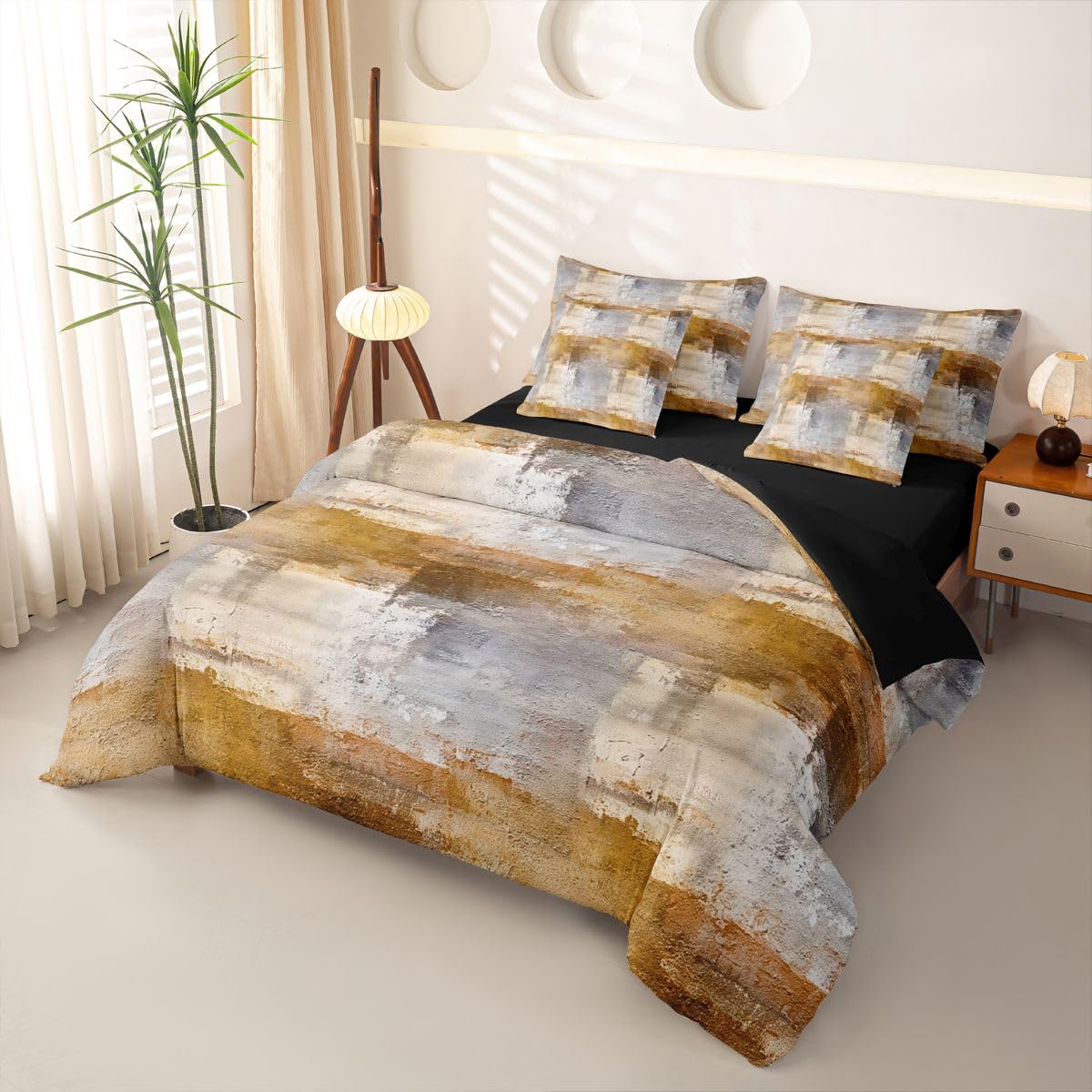 Loussiesd Set di biancheria da letto con copripiumino singolo astratto con lenzuola, per bambini, ragazzi e ragazze, motivo geometrico grigio arancione ombré, 7 pezzi, arte astratta moderna