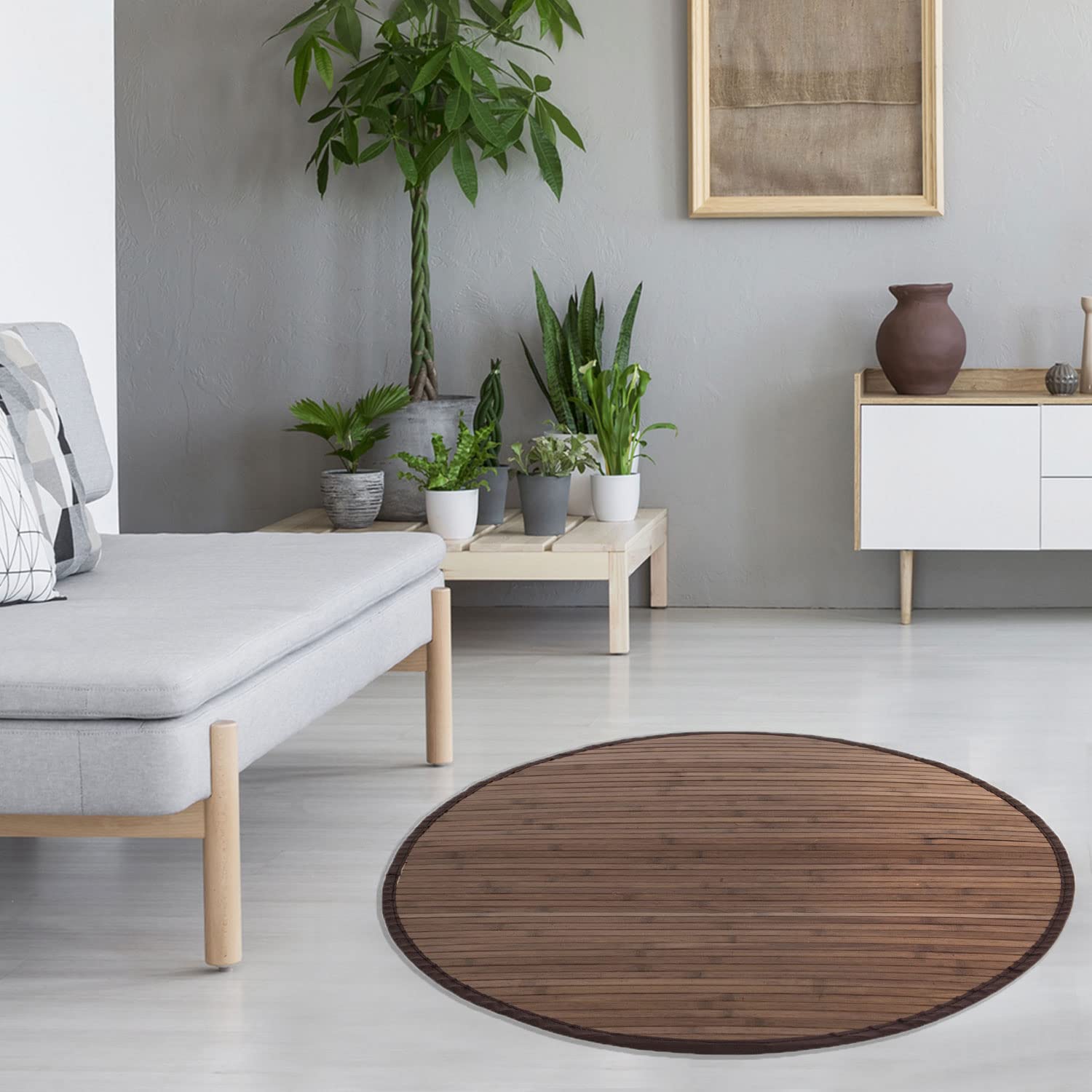 Homestyle4u Tapis en Bambou Rond foncé, Marron, Simple