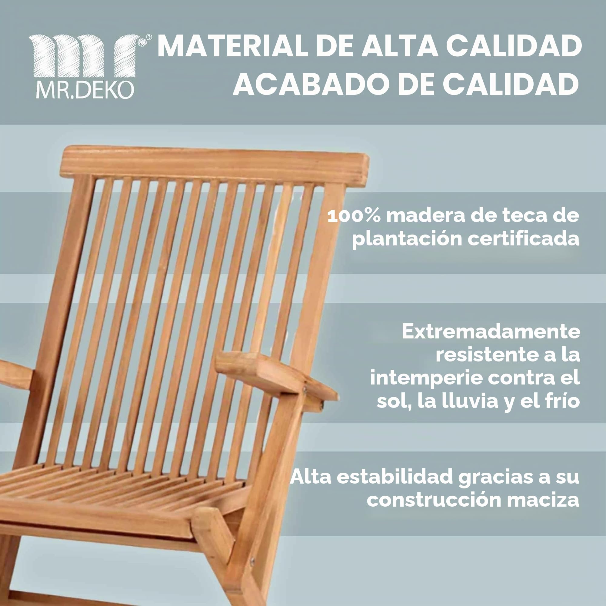 MR. DEKO Silla de Jardín Madera Teca Maciza Andover | Sillón Plegable Exterior con Reposabrazos Resistente Intemperie | Silla Terraza Balcón Camping Diseño Ergonómico Clásico 60x53x89cm Natural