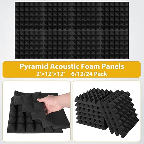 Miniatura 4 de Paquete de 24 paneles de espuma acústica a prueba de sonido para paredes, paneles de espuma acústica de 2 x 12 x 12 pulgadas, con diseño piramidal,
