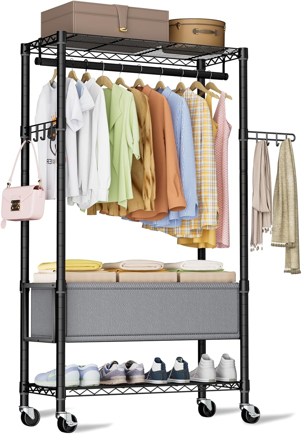 Clothes Rack,Heavy Duty Garment Rack 3 Tier Adjustable With Removable Clothe Basket,Wheels Free Standing Rolling Wire Shelving Clothing Racks for Hanging Clothes Metal Portable Closet Clothes Rack,Heavy Duty Garment Rack 3 Tier Adjustable With Removable Clothe Basket,Wheels Free Standing Rolling Wire Shelving Clothing Racks for Hanging Clothes Metal Portable Closet