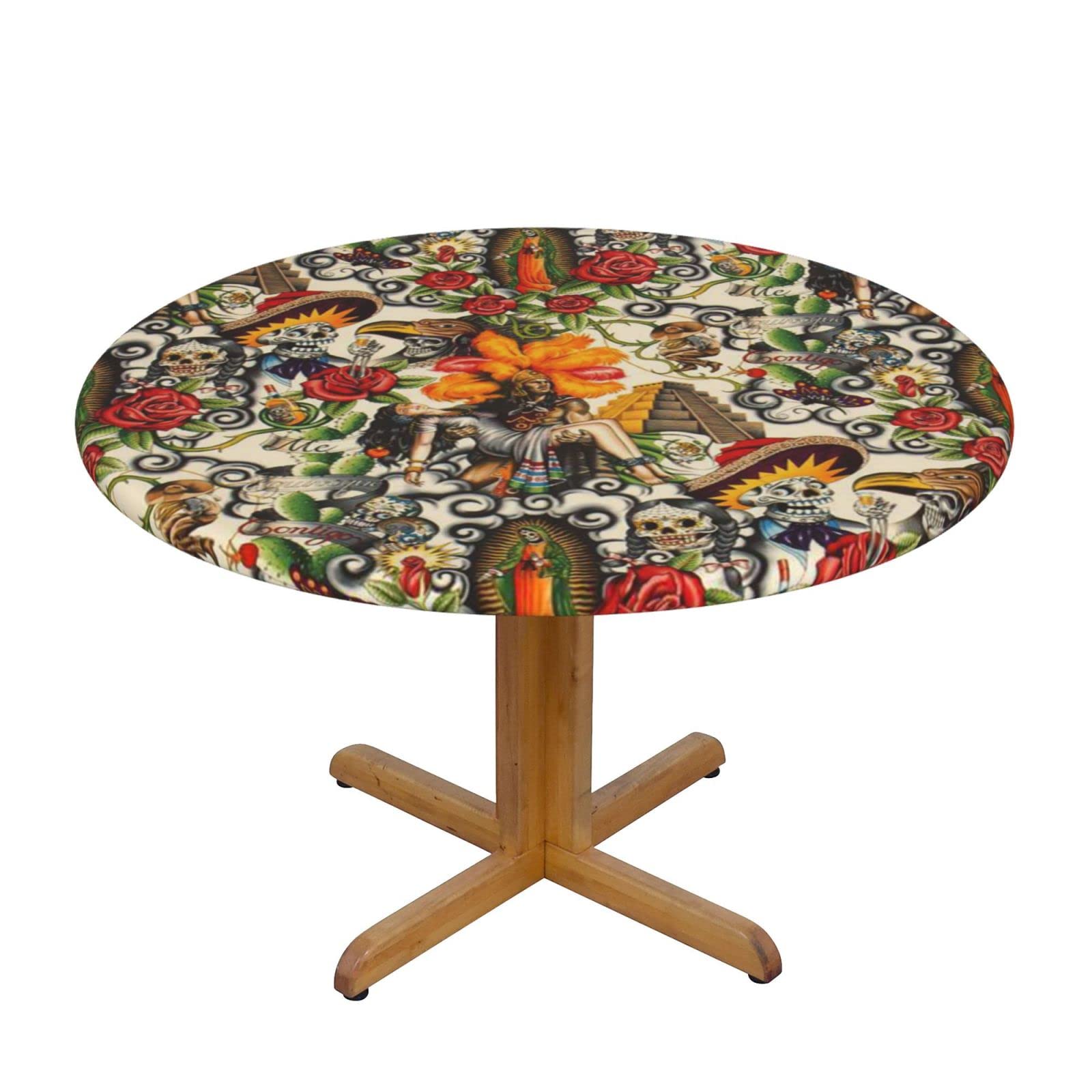 Lsjuee Round Fitted Tablecloth 45-50in Elastic Edged Table Cloth for Kitchen Dining Party Home Decor - Death Skulls Tribe Mexican