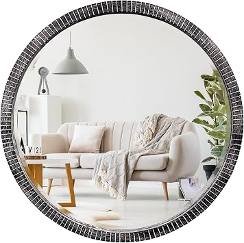 35" Round Wood Mirror, Rustic Circle Wall Mirror with Beveled, Wooden Round Mirrors for Wall Decor, Decorative Wall-Mounted Mirrors for Entryway, Living Room, Washed Black Frame