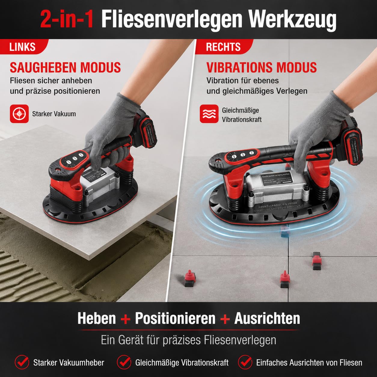 2xLithium Fliesen vibrator 6 Geschwindigkeiten 21V 3000-13000rpm | Batterien Fliesenrüttler mit Gummi-Saugnapf, für präzises Fliesenverlegen in Bad, Küche und Renovierung