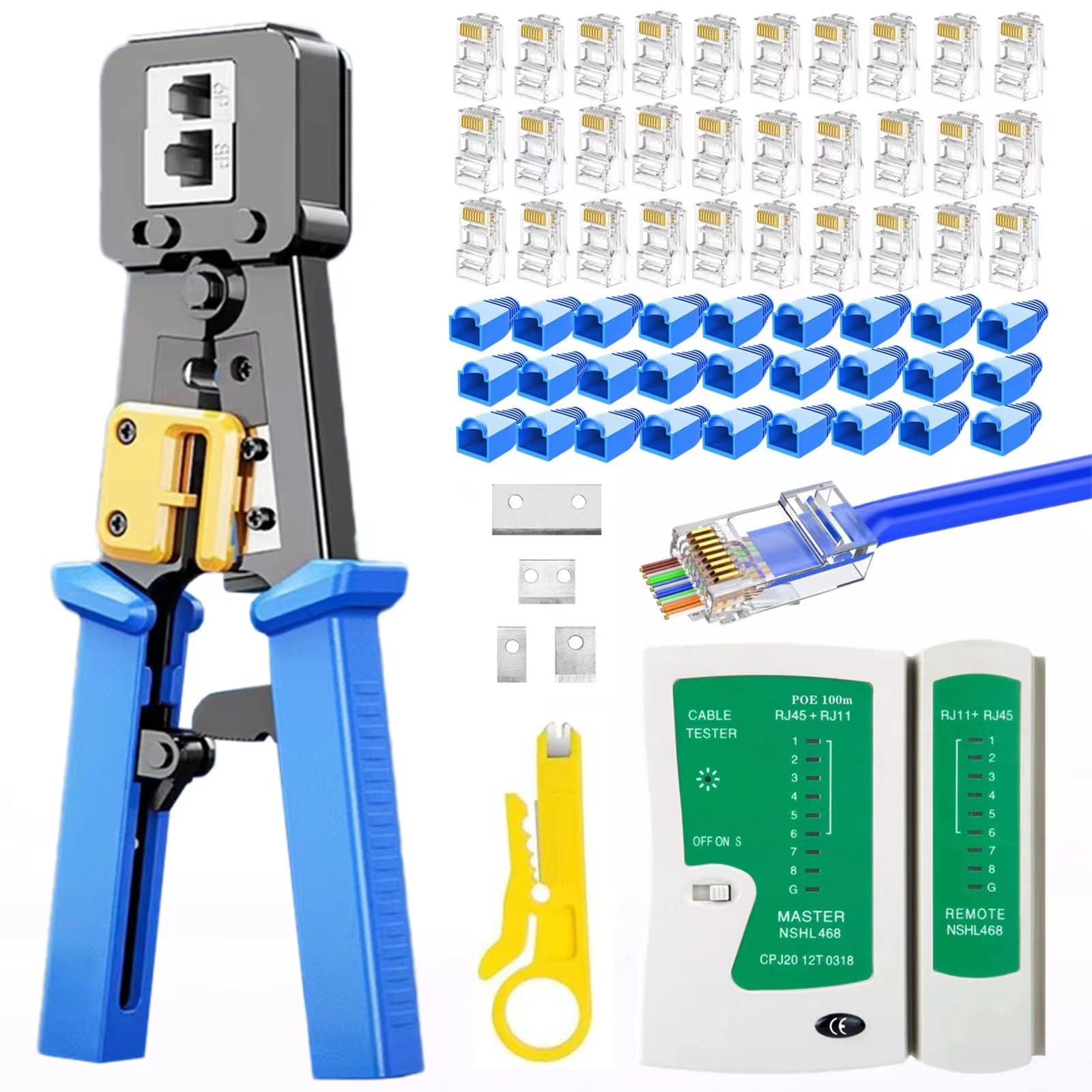 Excefore RJ45 Crimp Tool Kit with Pass Through Connectors - Cat5/5e/Cat6 Ethernet Cable Crimper, Network Tester, and Wire Stripper Set, 30PCS 1.1mm CAT6 Connectors & Covers Included