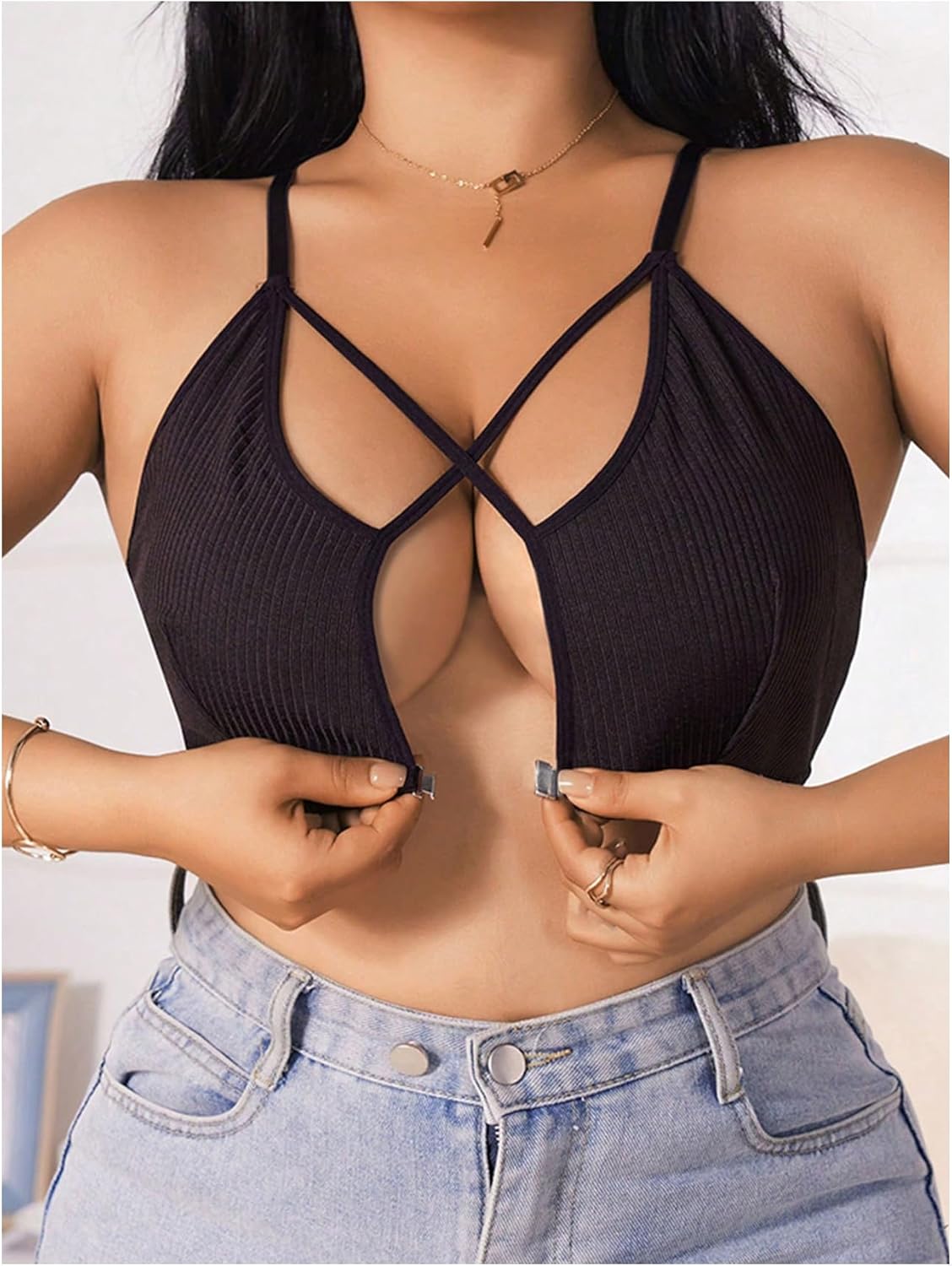 OYOANGLE Women's Plus Size Criss Cross Front Closure Wireless Sexy Bra Spaghetti Strap Cut Out Bralettes - Image 3