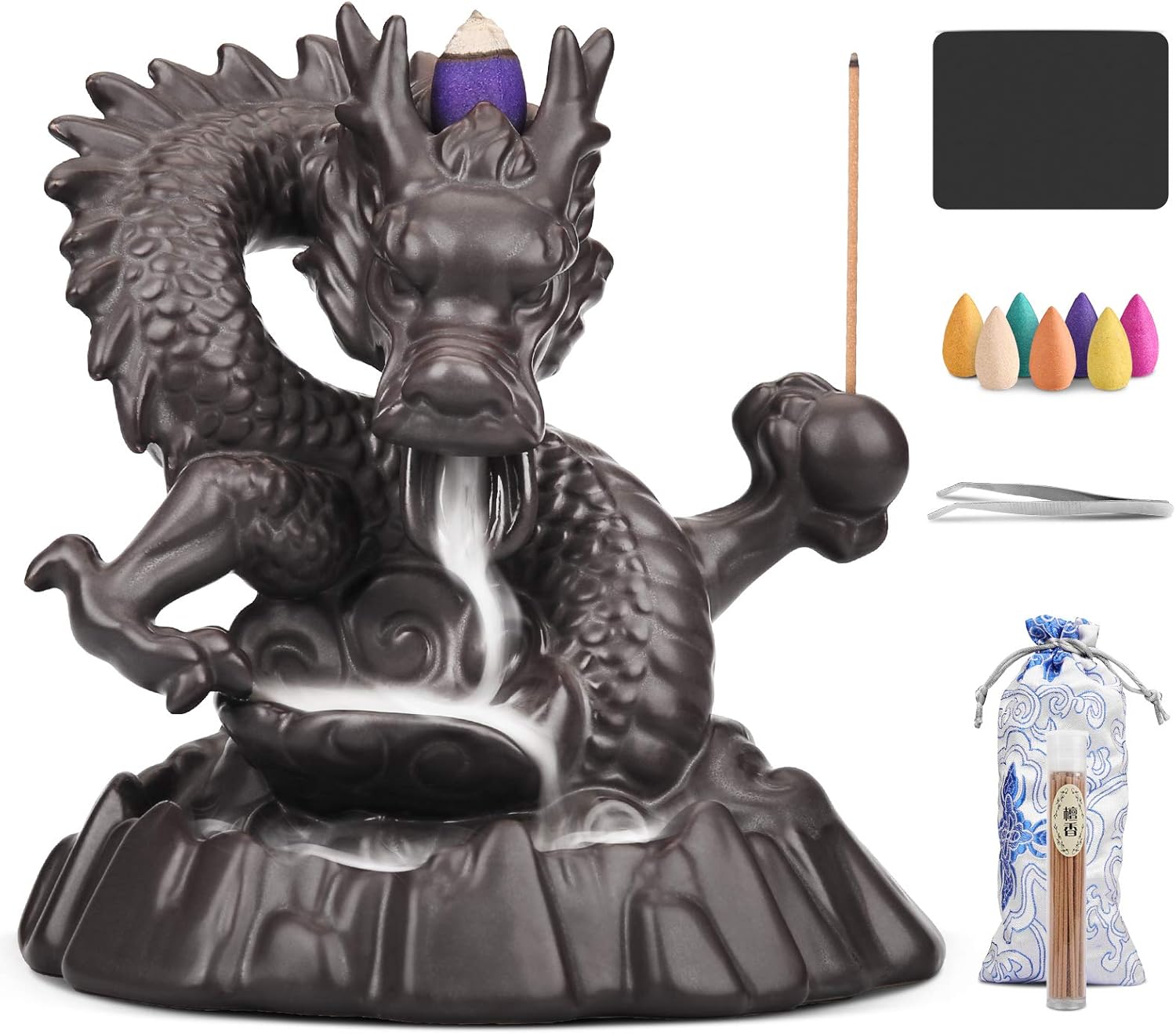 Ceramic Dragon Backflow Incense Holder Waterfall Incense Burner, Smoke Incense Holder, with 70 Backflow Incense Cones + 50 Incense Stick, 1 Mat, 1 Tweezers Home Decor (Brown-Dragon)