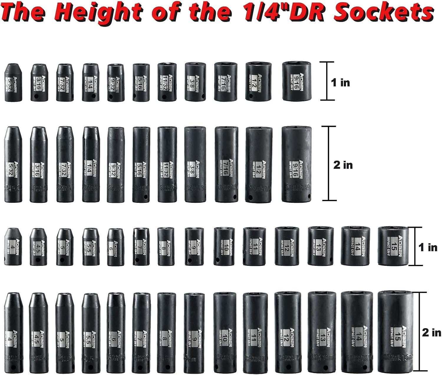 AOBEN 1/4-Inch Drive Impact Socket Set, 54 Pieces, 6 Point, SAE/Metric, (5/32" - 9/16" ，4mm -15mm)，Deep/Shallow, Cr-V Steel, Includes Extension bars and Socket Adapter