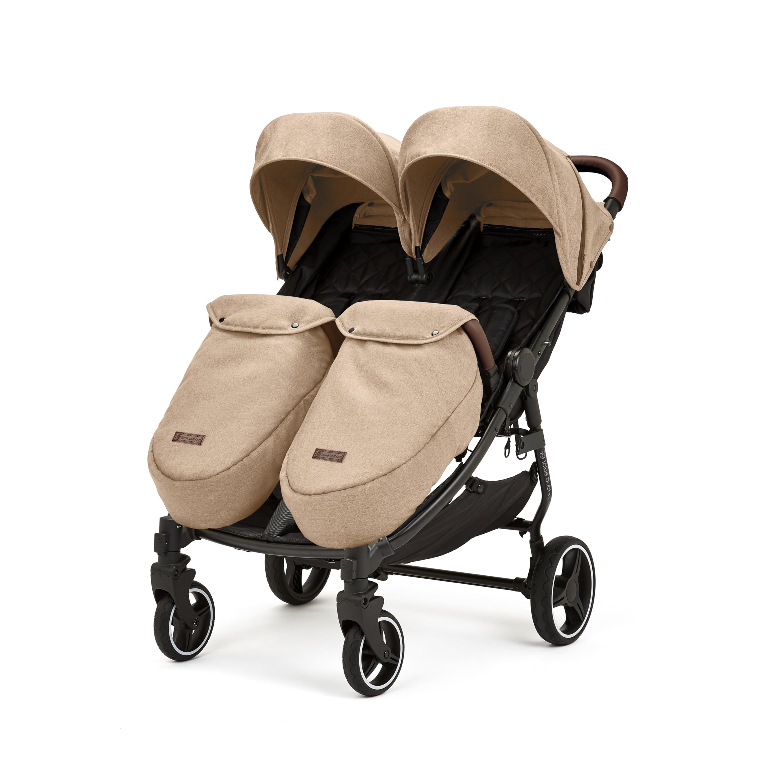 Ickle Bubba Venus Prime Doppelkinderwagen - geeignet von Geburt bis 15 kg (ca. 3 Jahre), leichter, faltbarer Zwillingskinderwagen mit Neugeborenenkokon, 2 Fußwärmern und Regenschutz (Biscuit)