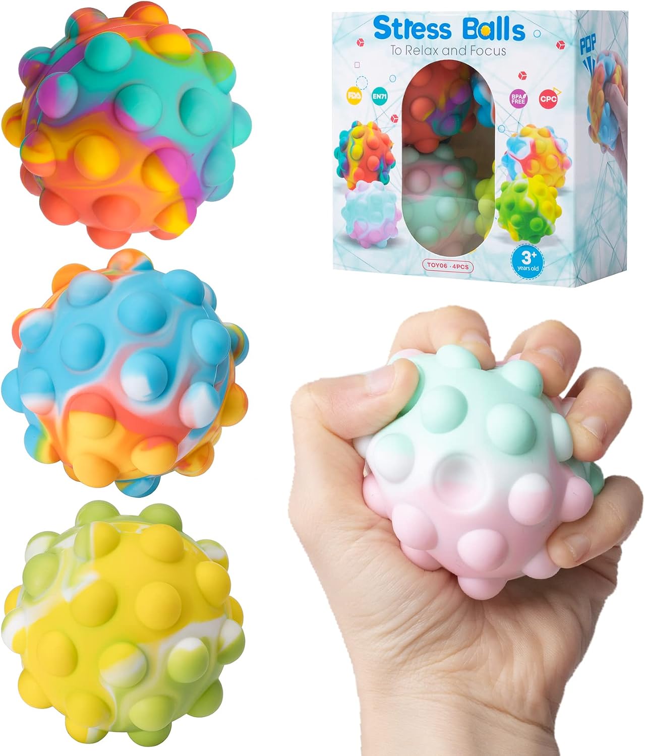 SMUK 4 Pack Rainbow Pop on It Ball Fidget Toy, Silicone Sensory Stress Relief Squeeze Ball for Adults and Kids, Push Pop Bubble Decompression Toys Stress Balls