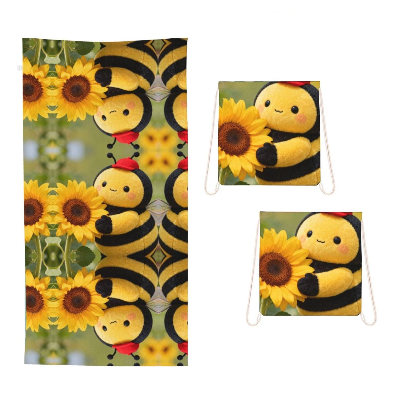CNTDBU Honeybee 2 in 1 Packable Towel Bag-Large Beach Towel with Stuff Sack, Super Absorbent Microfiber Travel Towel for Pool