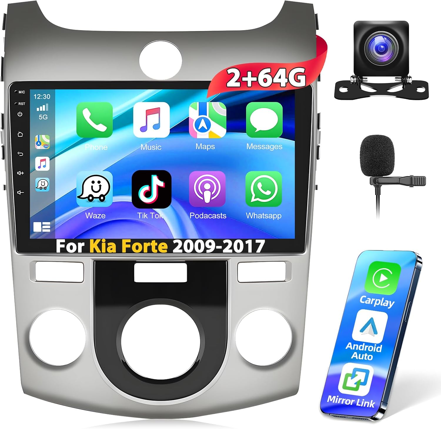 [2+64G] Car Stereo Radio for KIA Forte 2009-2017 with Carplay Android Auto 9" Touch Screen Android Audio with GPS Navigation Mirror Link RDS/FM Bluetooth Hi-Fi Backup Camera MIC