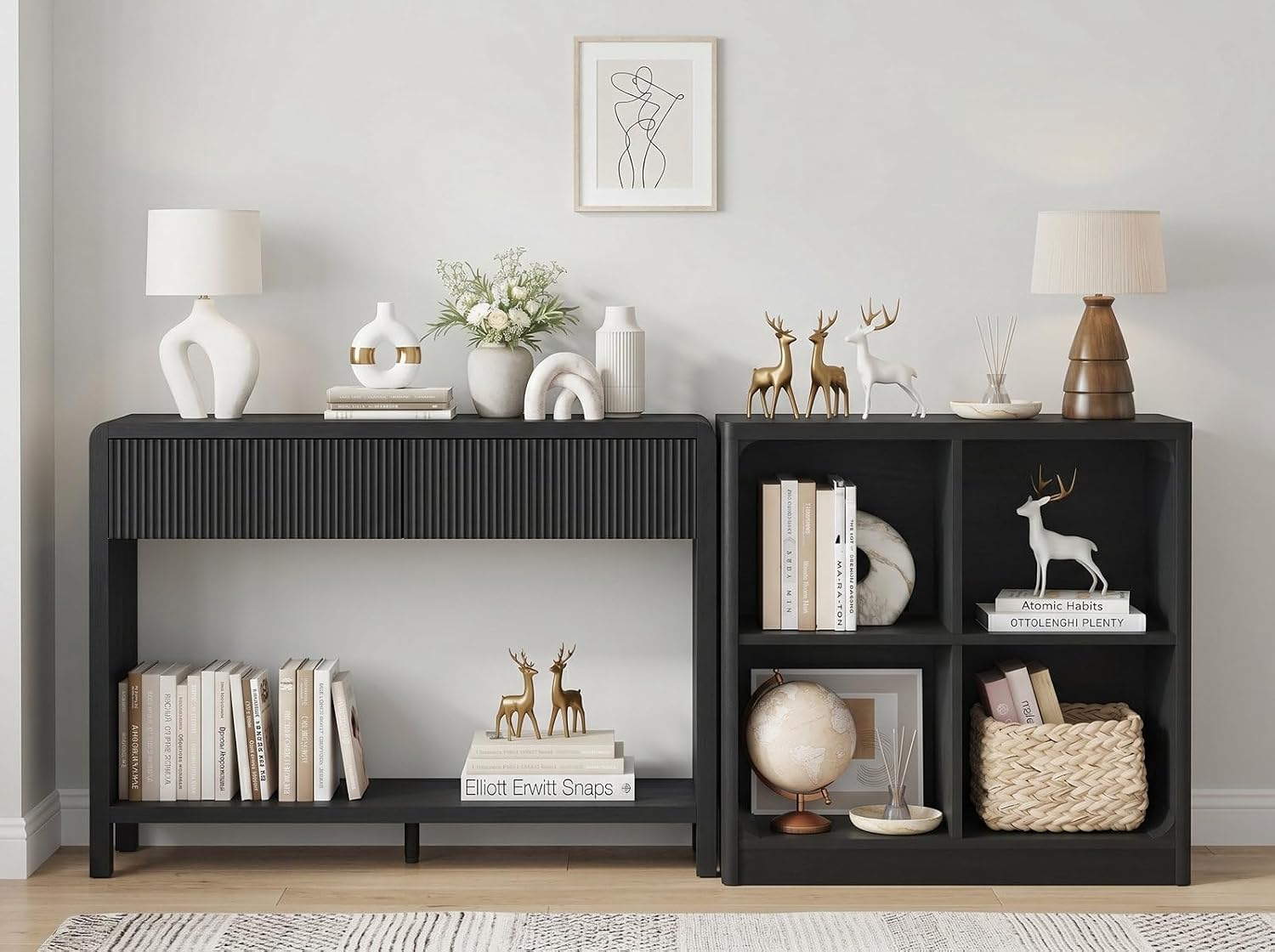FATORRI Fluted Sofa Table and 4-Cube Bookcase Bundle Set, Black Bookshelf and Entryway Table for Living Room, Modern Cube Storage Organizer & Behind Sofa Table