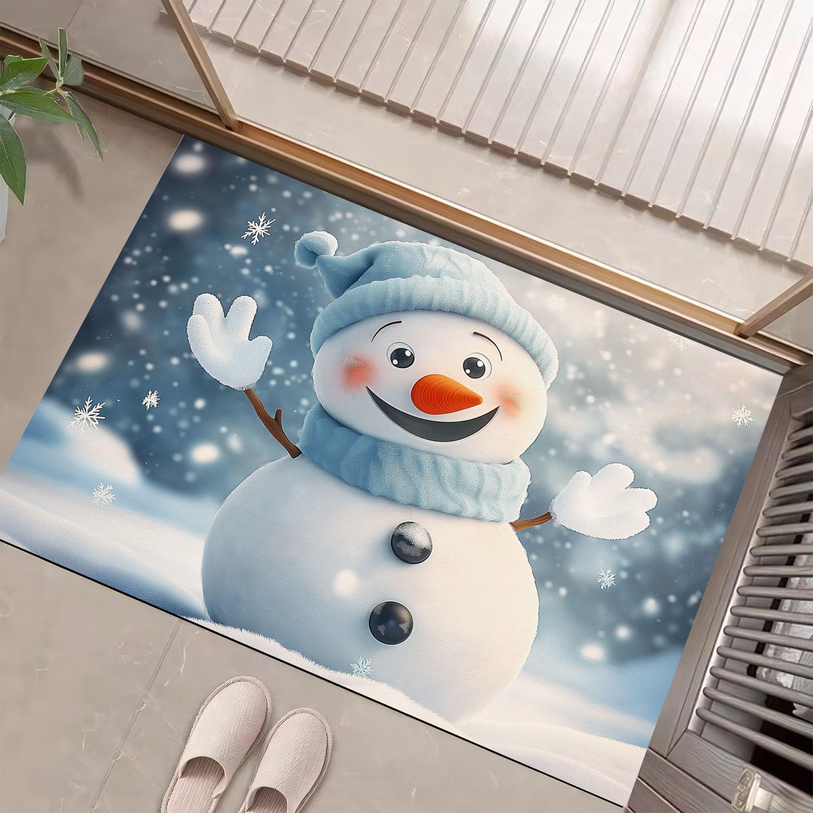 Tapis de Noël antidérapant grand format paysage enneigé bleu clair 90 x 150 cm