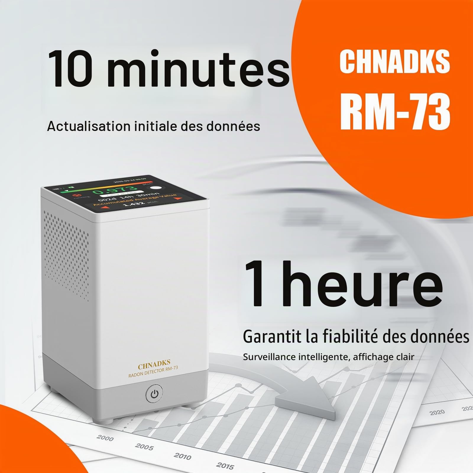 RM-73 Détecteur de Radon, avec Alarme sonore et visuelle, écran Couleur LCD Tactile, pour la Surveillance à Long Terme du Radon dans la Maison, en Bq/m³ ou pCi/L.