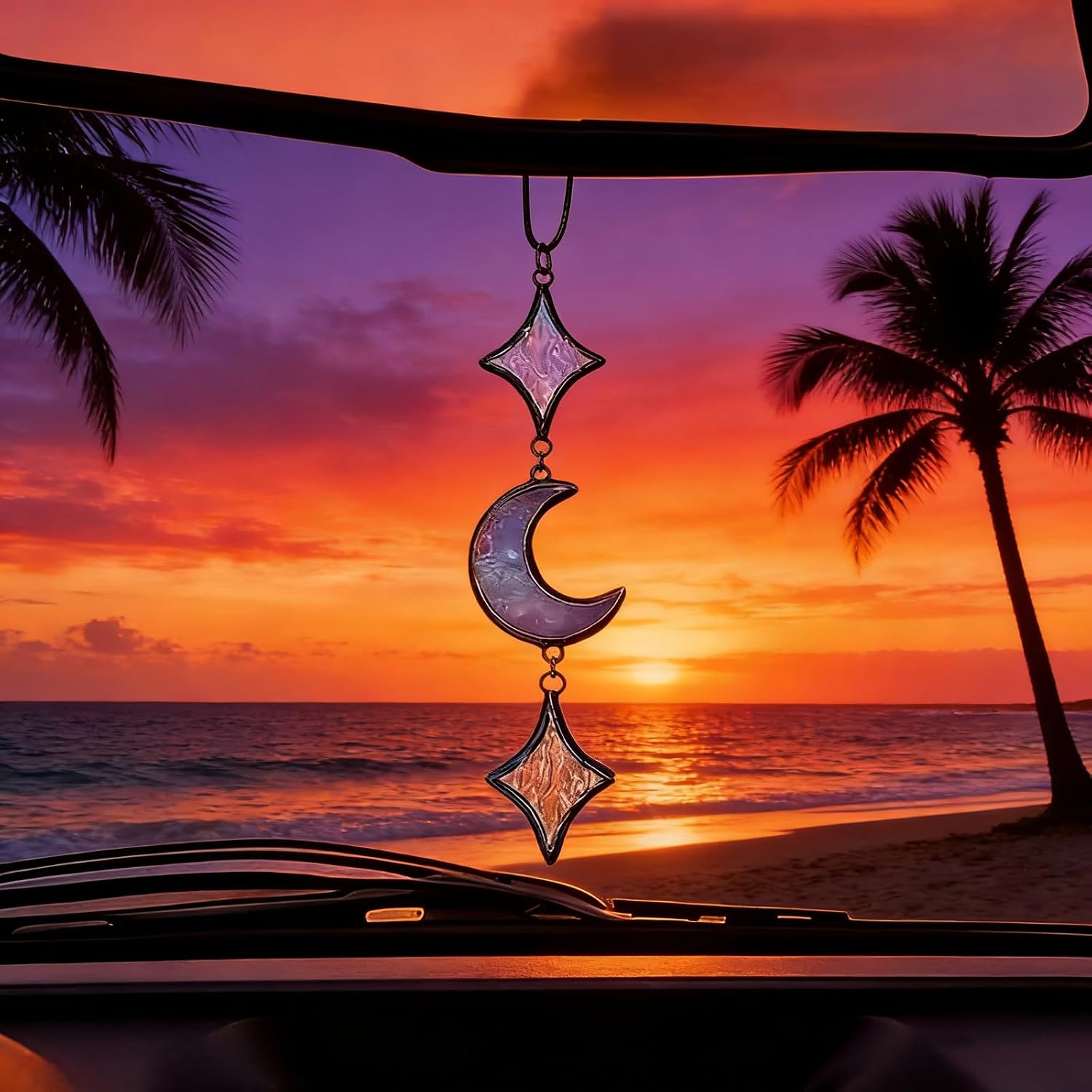 Stained Glass Moon Car Decor Charm Star Rear View Mirror Accessories Perfect Witchy Gift for Man Woman Spiritual Souls and Lunar Lovers