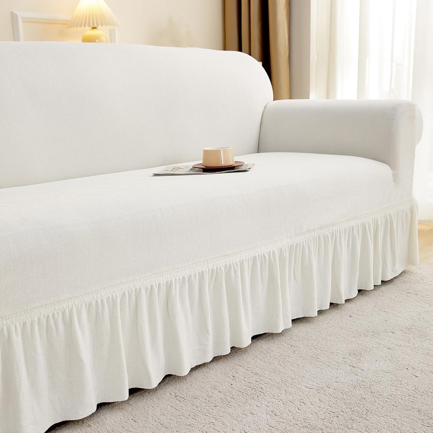 Chenille Sofa Cover with Ruffle Skirt, Solid Color Couch Cover High Stretch Sofa Slipcover Washable Furniture Cover for Chair Loveseat Sectional Sofa(04,3 seaters(190-230cm))