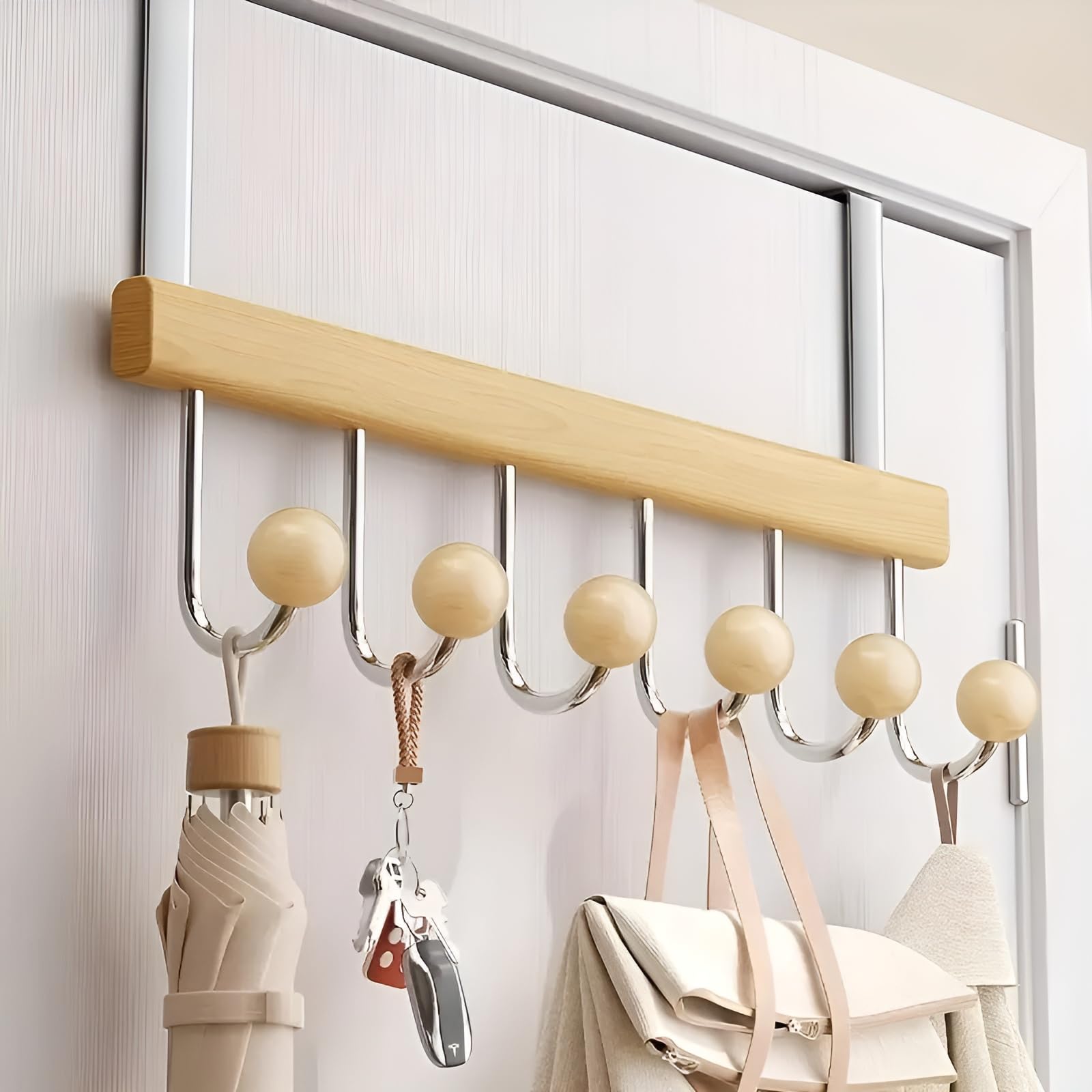 KANISYA Wooden Door Mounted Clothes Hanger with 6 Hooks | Over The Door Organizer Rack for Coats, Bags, Towels, Hats, Space-Saving Hanging Storage for Bedroom, Bathroom, – No Drill Installation-image-25