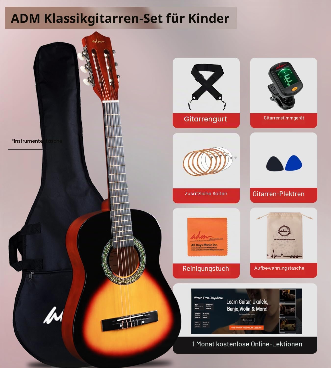ADM 3/4-Größe Kinder-Konzertgitarren-Set, Junior-Gitarren-Set für Anfänger ab 9 Jahren, mit Tasche, Clip-Stimmgerät, Gurt, Plektren, zusätzlichen Saiten, Aufbewahrungstasche und Reinigungstuch (Peachy