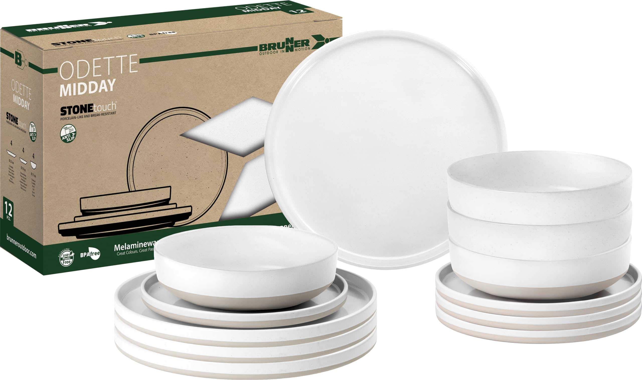 Brunner Odette Stonetouch Melamine Caravan Dinner Set, Anti Slip Outdoor Tableware Set, Lightweight Break Resistant Plates Bowls & Mugs - Motorhome, Campervan (Odette White, 12 Piece Set)