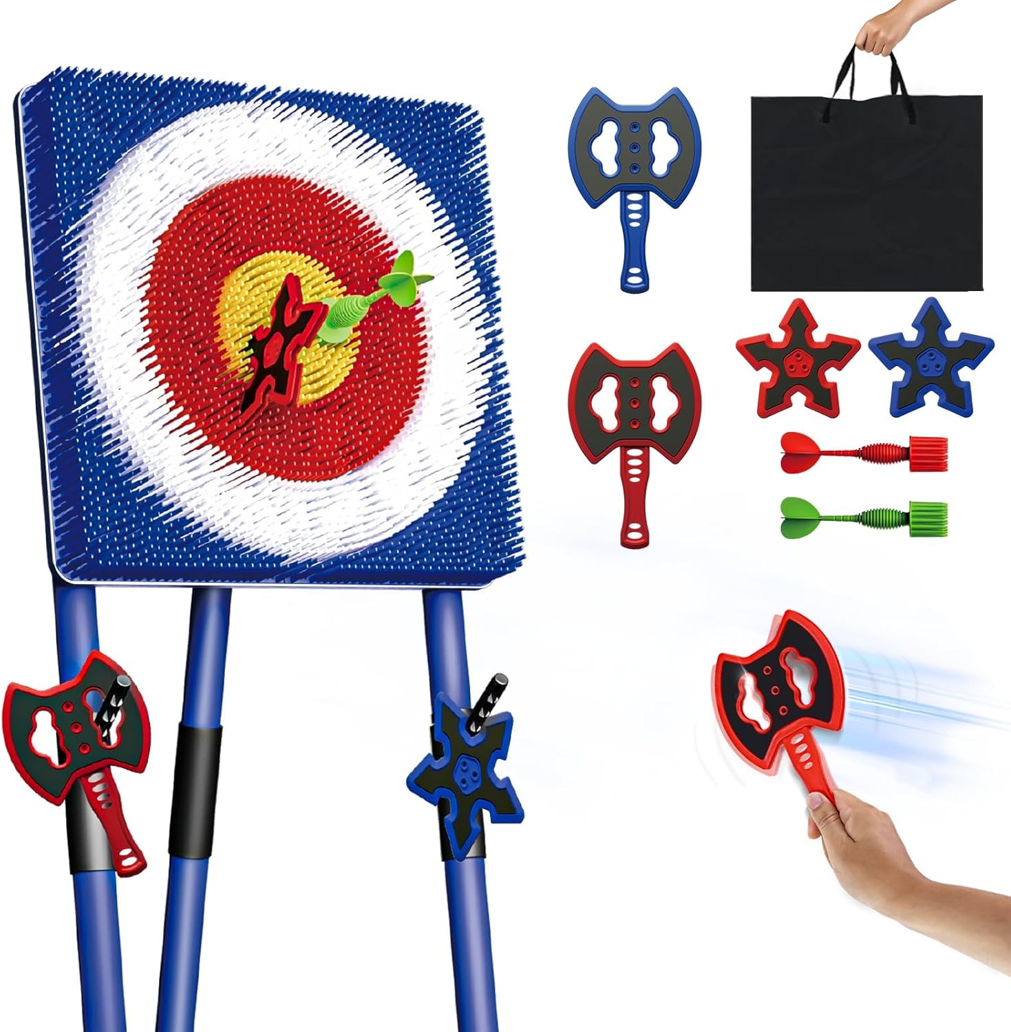 Axe Throwing Game for Backyard - Steel Frame Ax Throw Kit for Kids & Adults - Bristle Target with 6 Throwing Axes Set & Travel Bag - Outdoor/Indoor for Kids & Families Yard Carnival Games