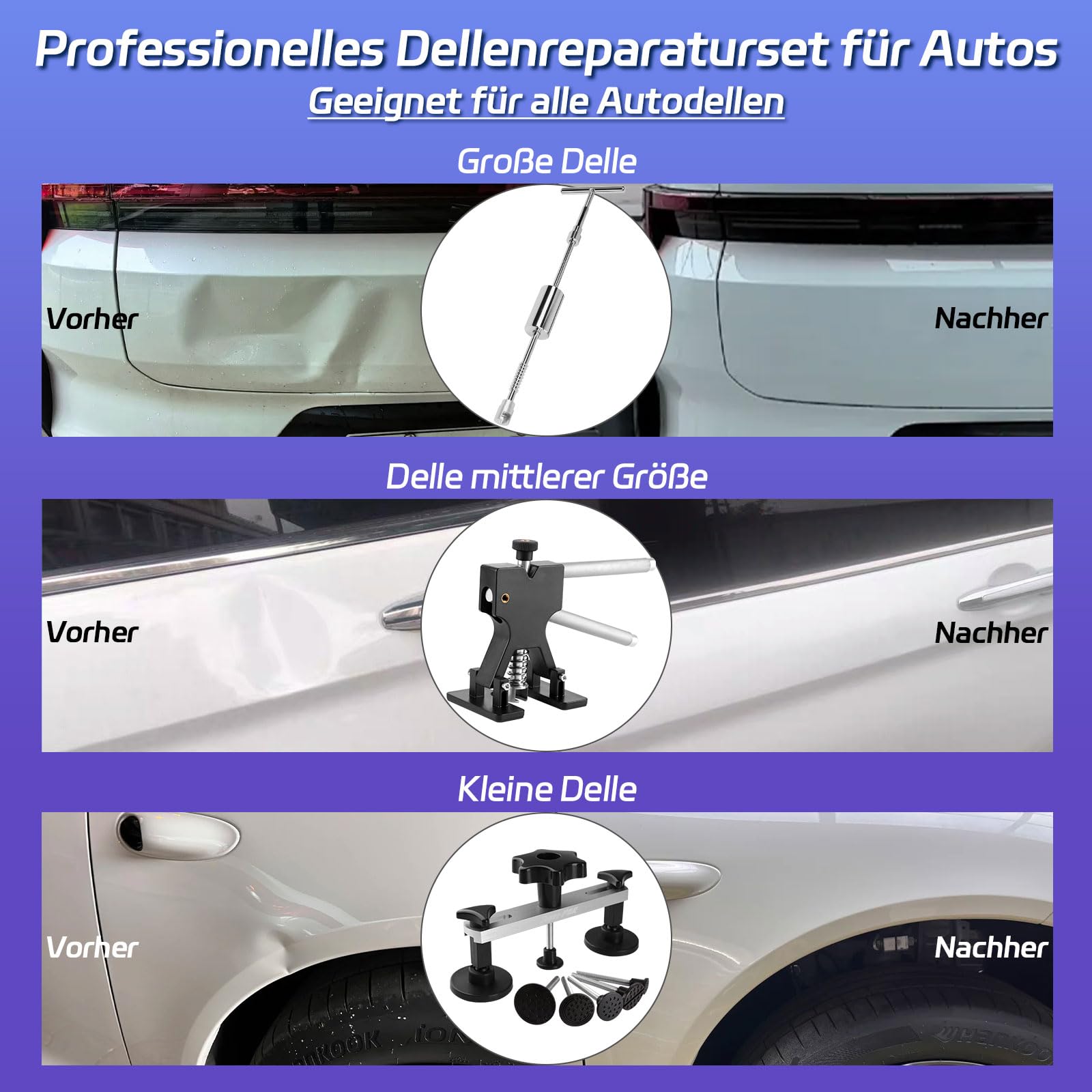 PDR TOOLS Kit di riparazione ammaccature per auto, martello scorrevole in alluminio, piastra riflettente PDR, strumento PDR per carrozzeria, danni da grandine e rimozione delle ammaccature