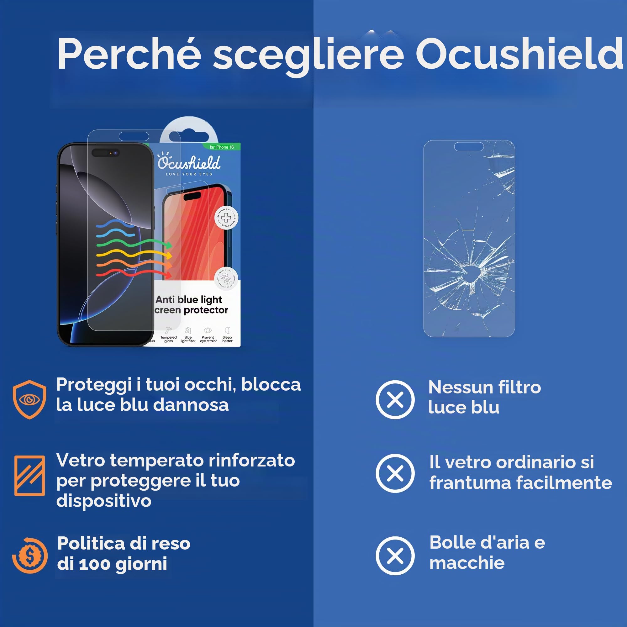 Ocushield Pellicola proteggi schermo in vetro temperato anti luce blu per iPhone 11 Pro/X/XS - dispositivo medico accreditato - protegge gli occhi e migliora il sonno