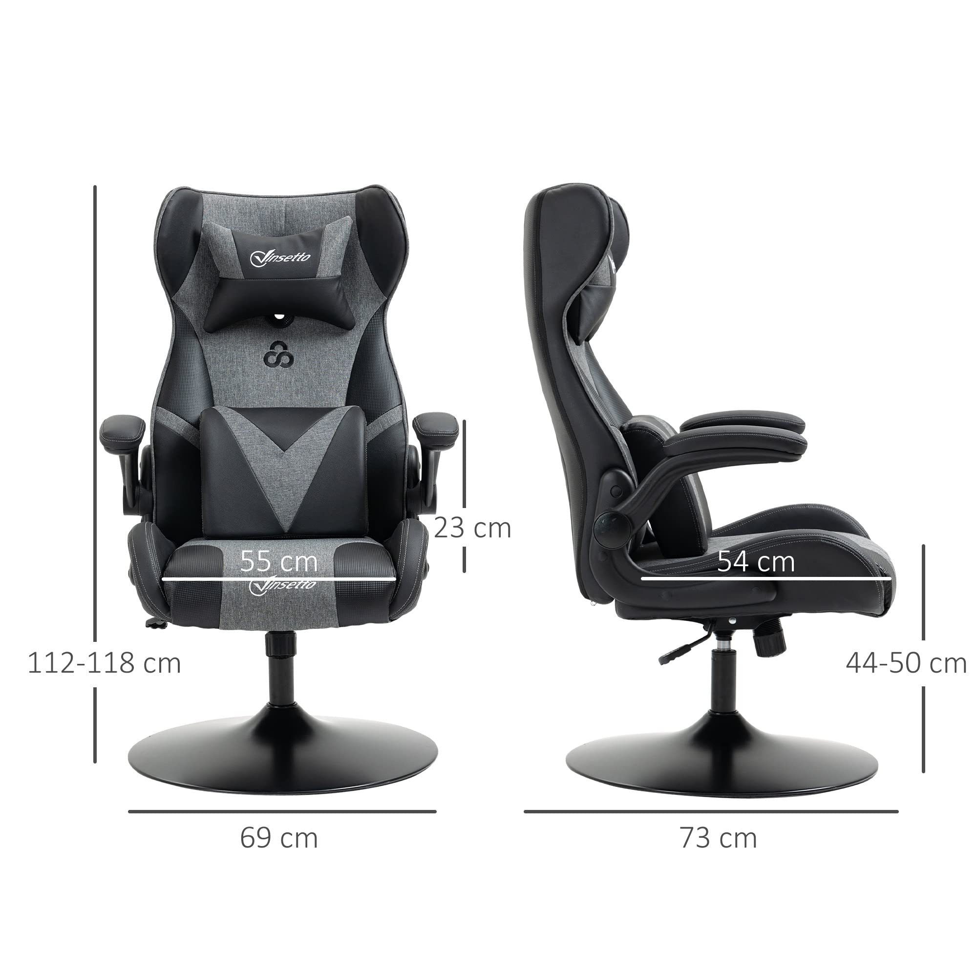 Vinsetto Chaise de Gaming Ergonomique avec Base Ronde Hauteur réglable accoudoir relevable Coussins tétière et lombaires PU Gris Noir