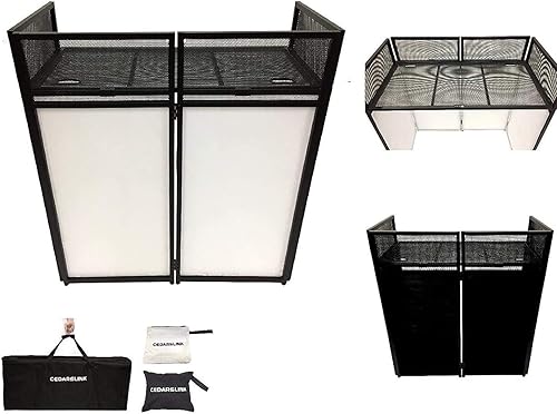 Cabina de marco de metal blanco y negro para eventos de DJ + mesa plana de 20 x 40 pulgadas, incluye paneles blancos y negros + fundas de transporte